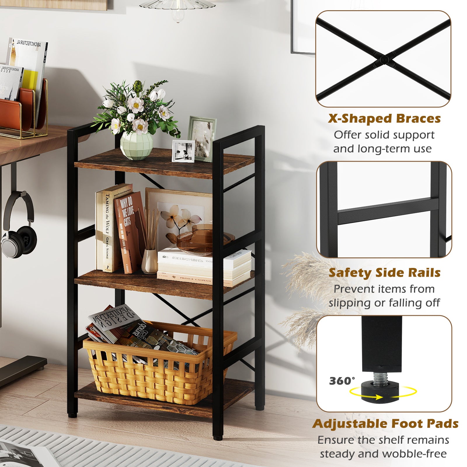4-Tier Bookshelf, Metal Frame, Wooden Racks, Rustic Brown Bookcases at Gallery Canada