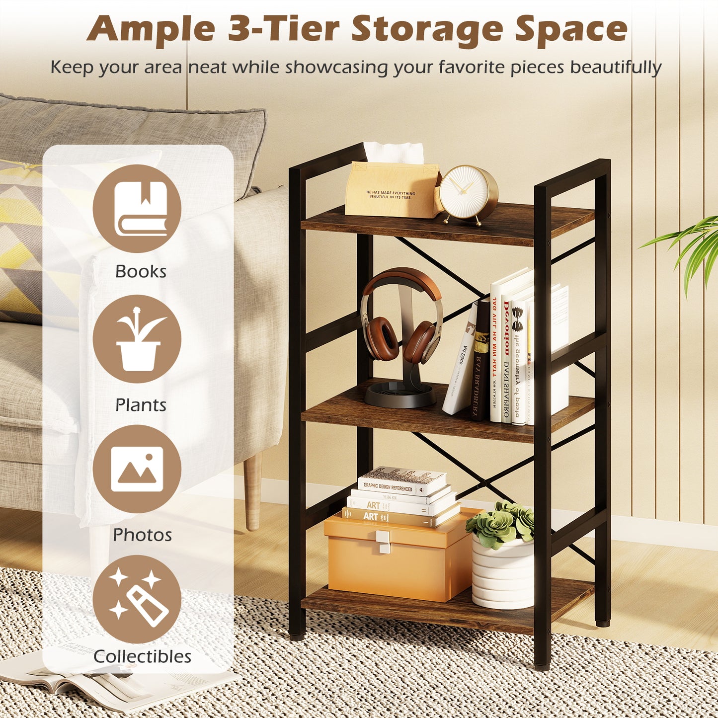 4-Tier Bookshelf, Metal Frame, Wooden Racks, Rustic Brown Bookcases at Gallery Canada