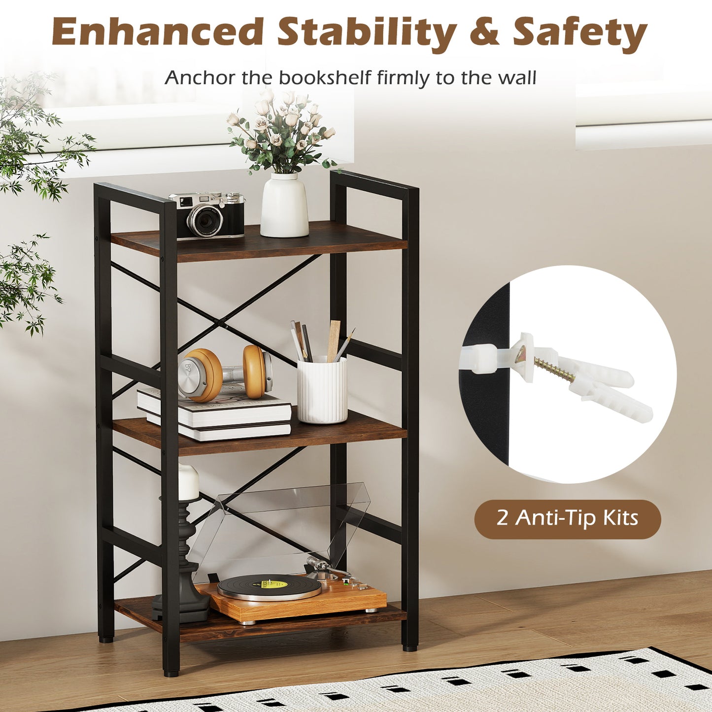 4-Tier Bookshelf, Metal Frame, Wooden Racks, Rustic Brown Bookcases at Gallery Canada