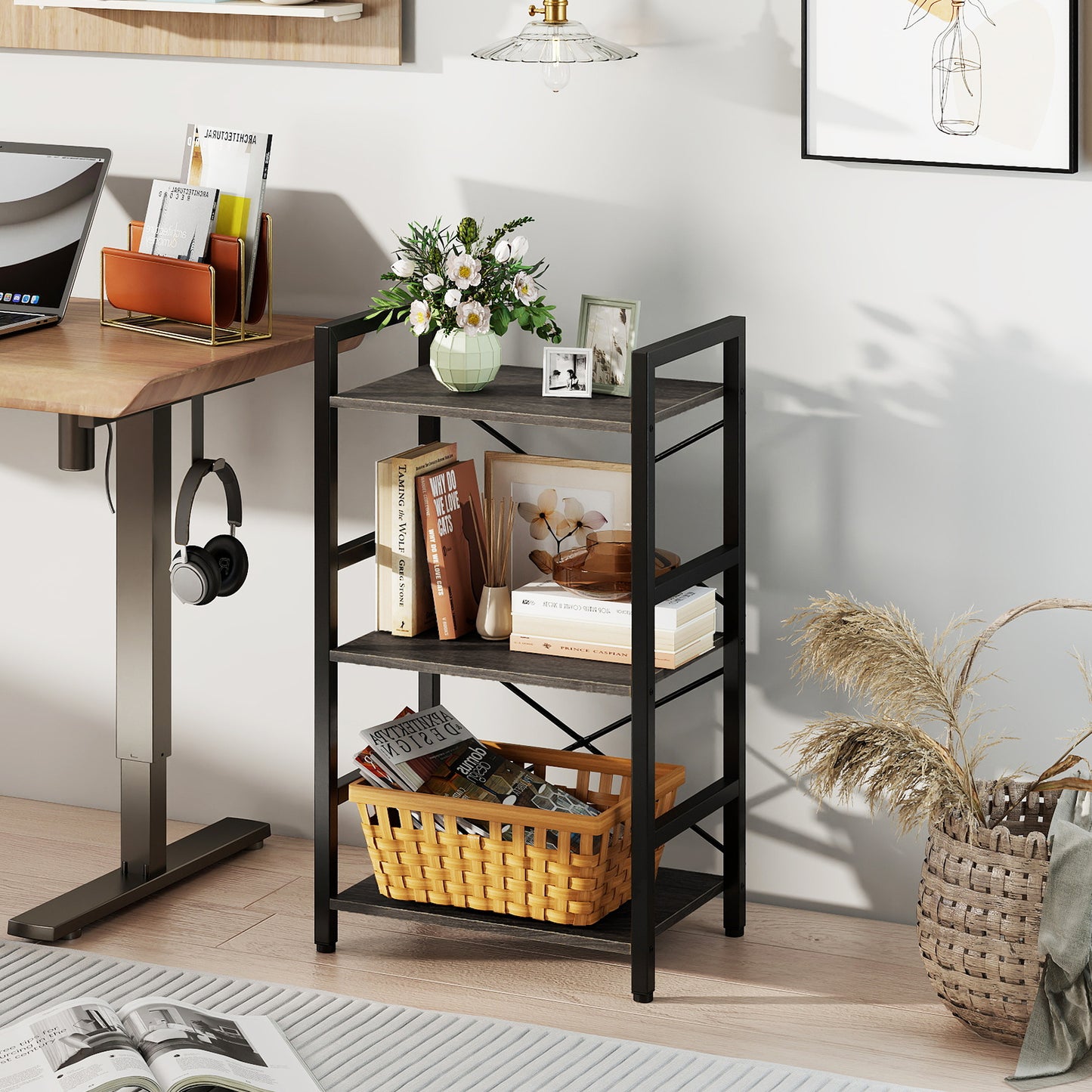 4-Tier Bookshelf, Metal Frame, Wooden Racks, For Study, Oak Bookcases at Gallery Canada