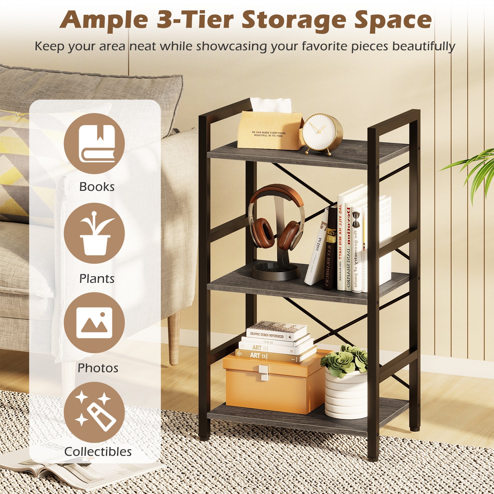 4-Tier Bookshelf, Metal Frame, Wooden Racks, For Study, Oak Bookcases at Gallery Canada