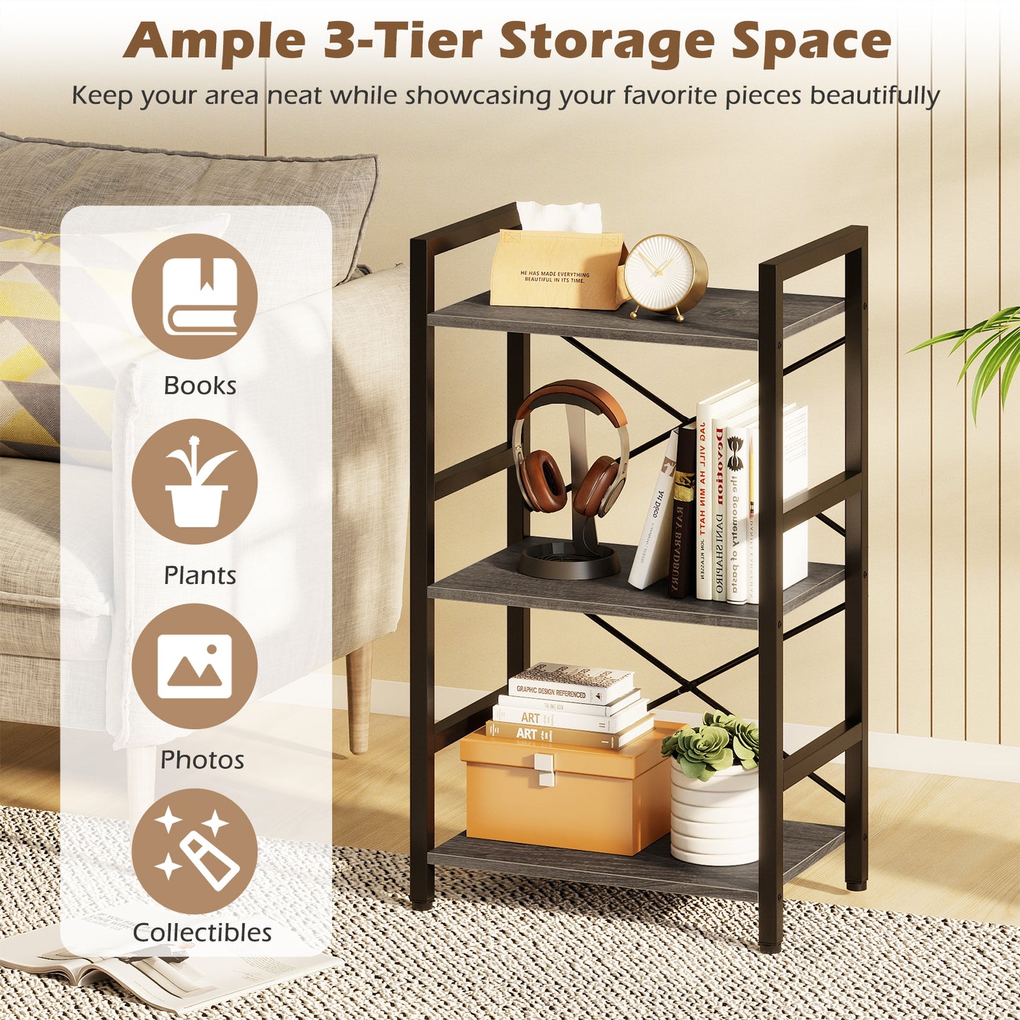 4-Tier Bookshelf, Metal Frame, Wooden Racks, For Study, Oak Bookcases at Gallery Canada