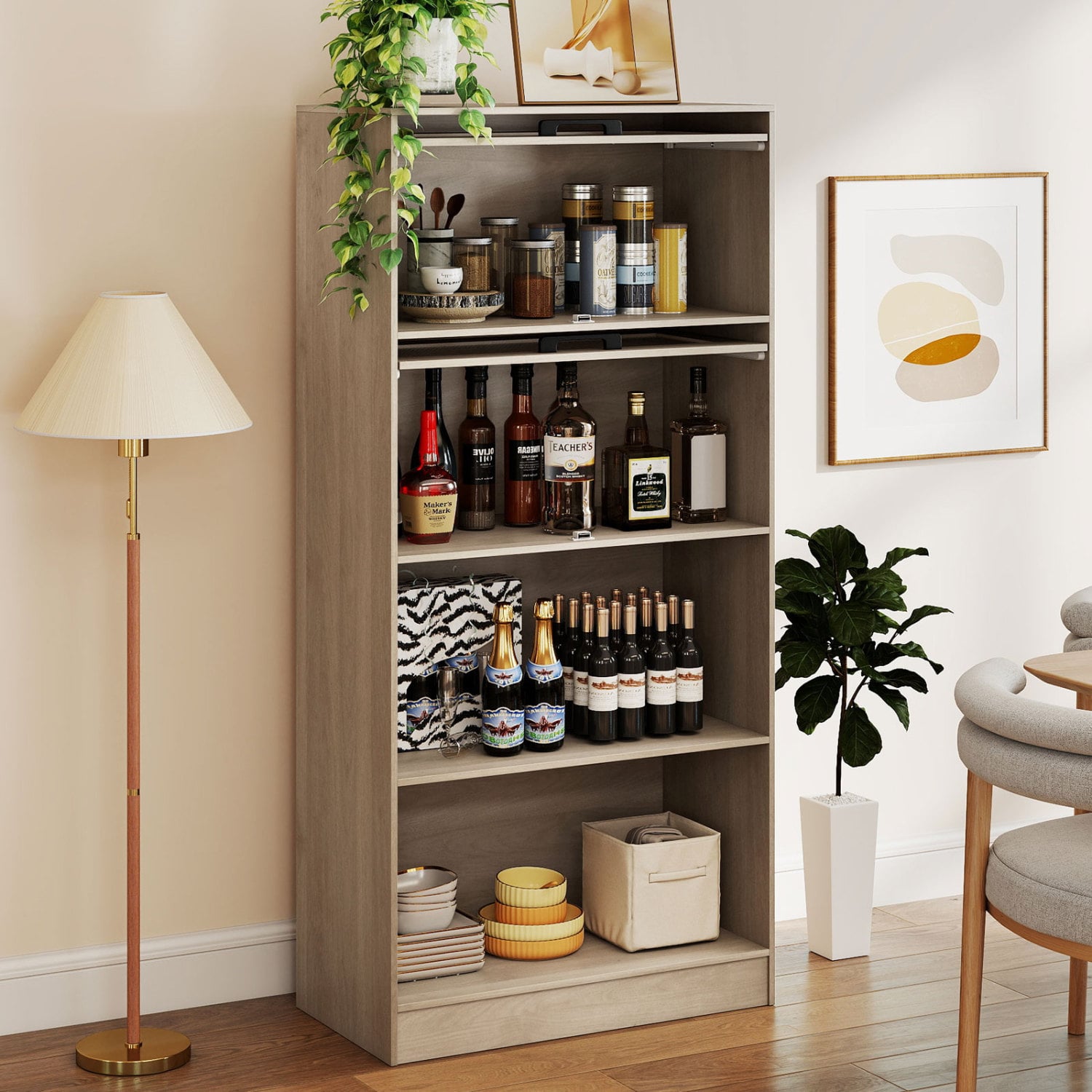 4-Tier Bookshelf with Storage Cabinets and Open Compartments, Natural Bookcases at Gallery Canada