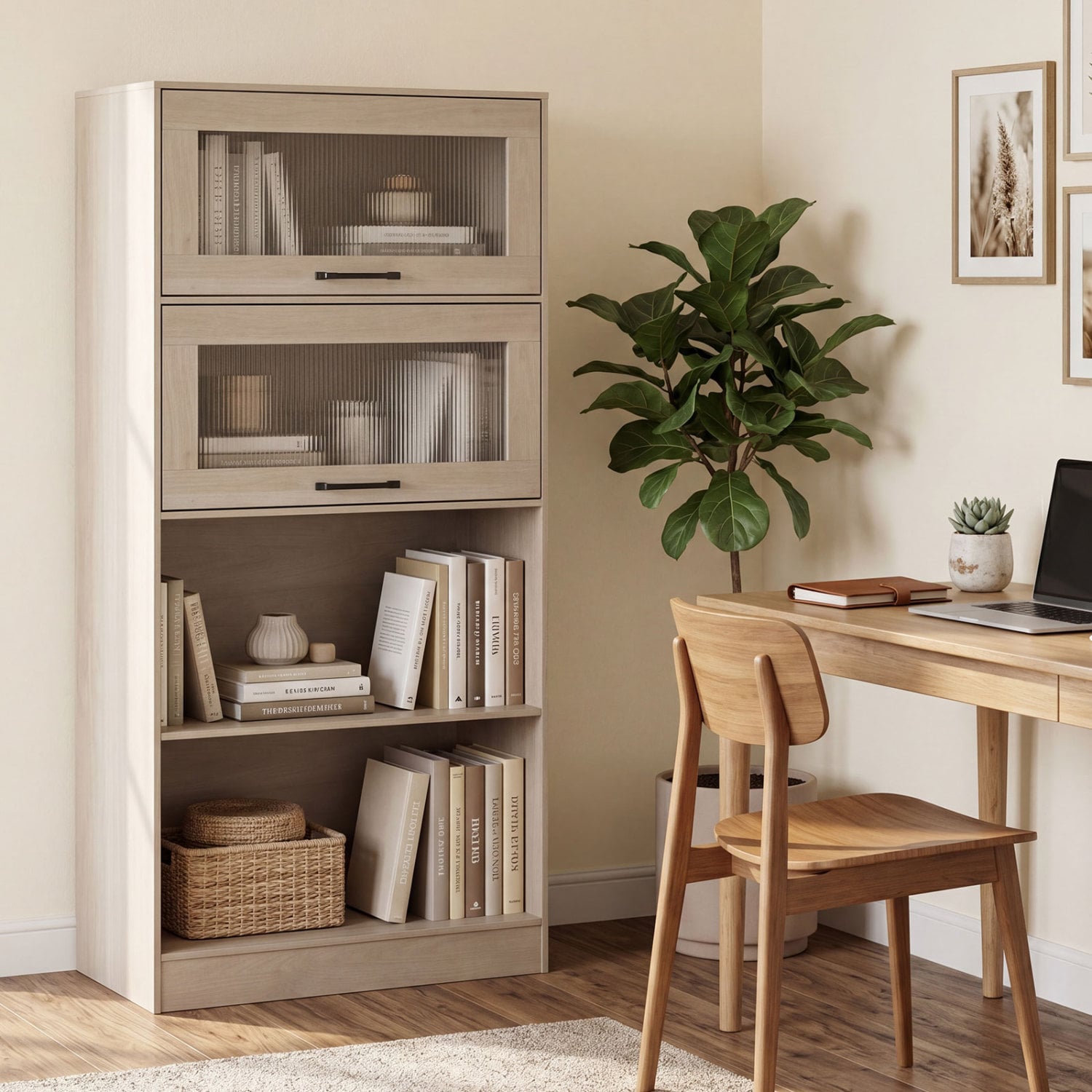 4-Tier Bookshelf with Storage Cabinets and Open Compartments, Natural Bookcases at Gallery Canada