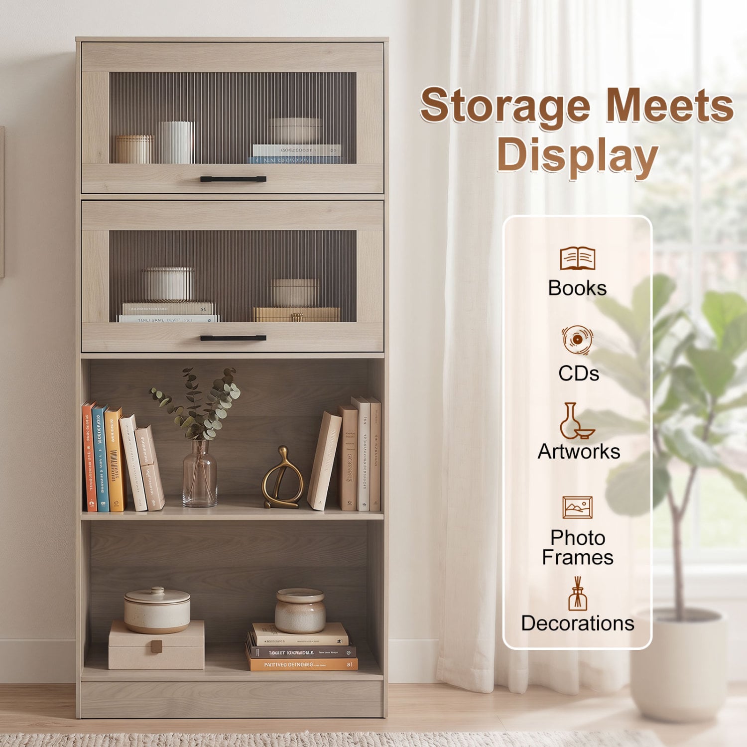 4-Tier Bookshelf with Storage Cabinets and Open Compartments, Natural Bookcases at Gallery Canada