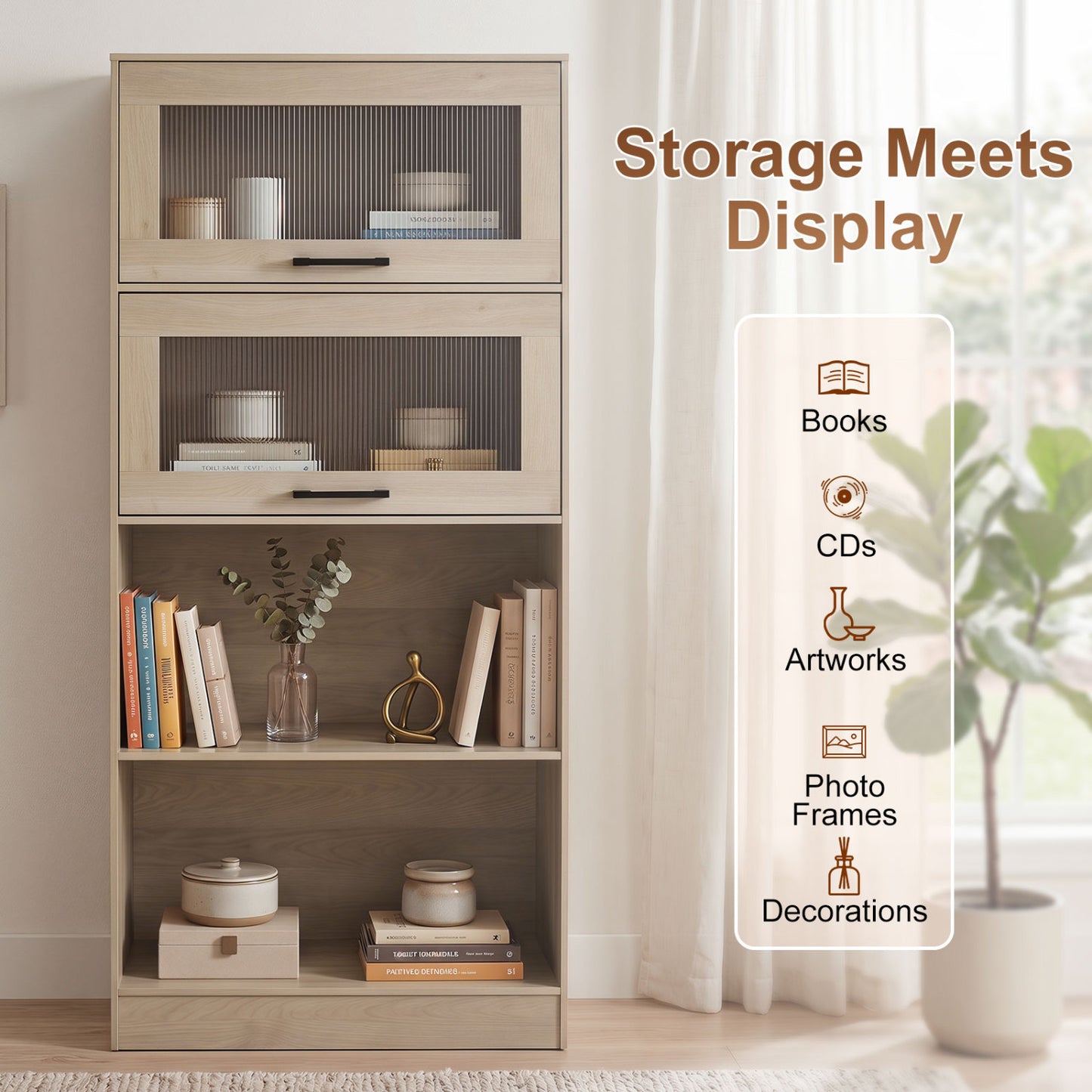 4-Tier Bookshelf with Storage Cabinets and Open Compartments, Natural Bookcases at Gallery Canada