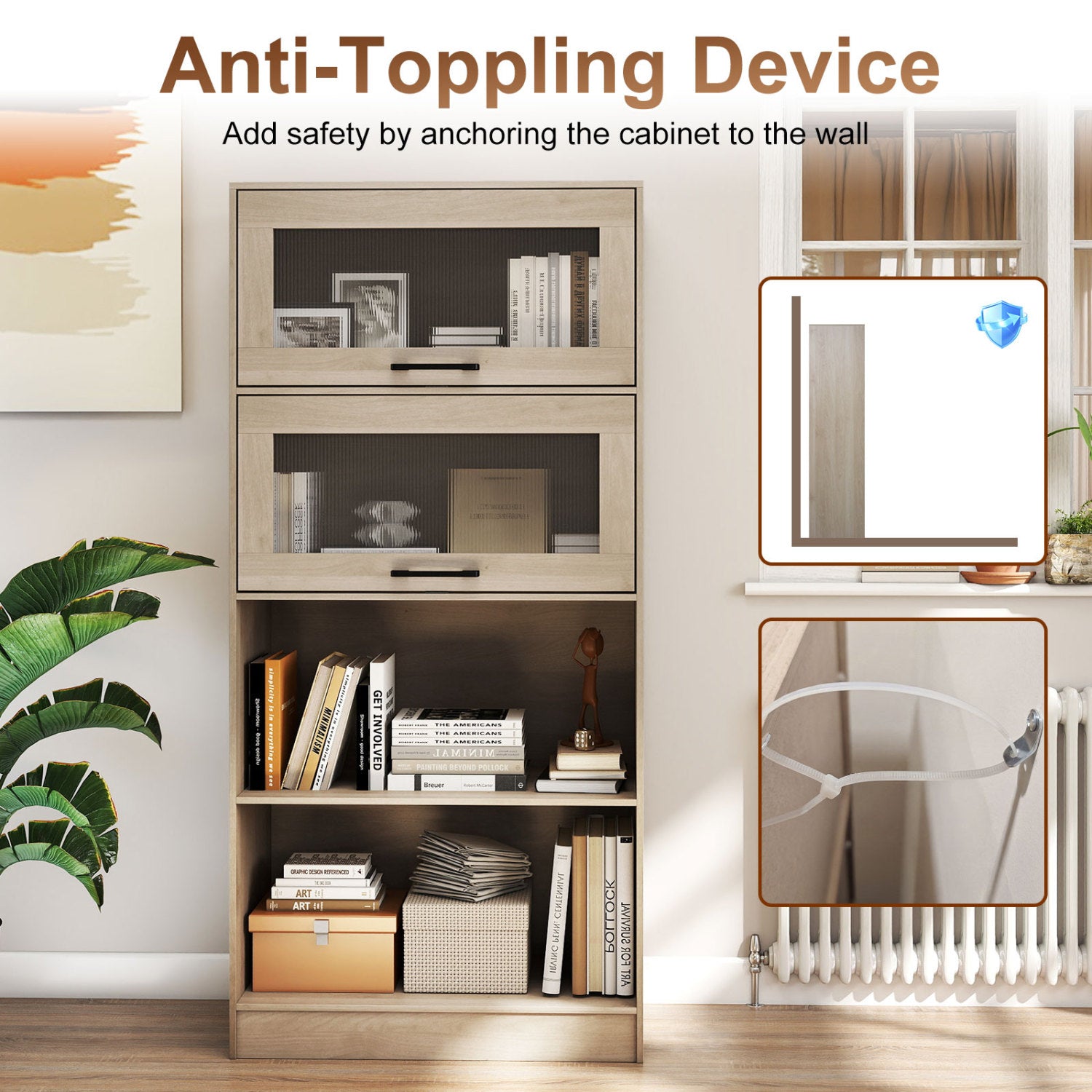 4-Tier Bookshelf with Storage Cabinets and Open Compartments, Natural Bookcases at Gallery Canada