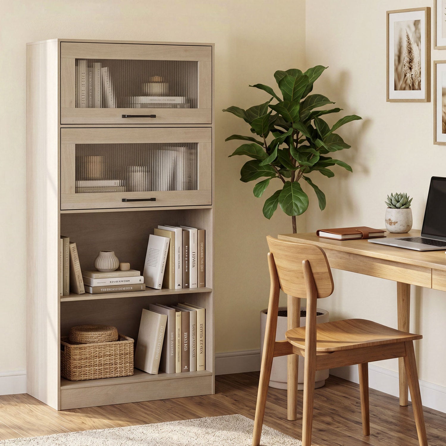 4-Tier Bookshelf with Storage Cabinets and Open Compartments, Natural Bookcases at Gallery Canada