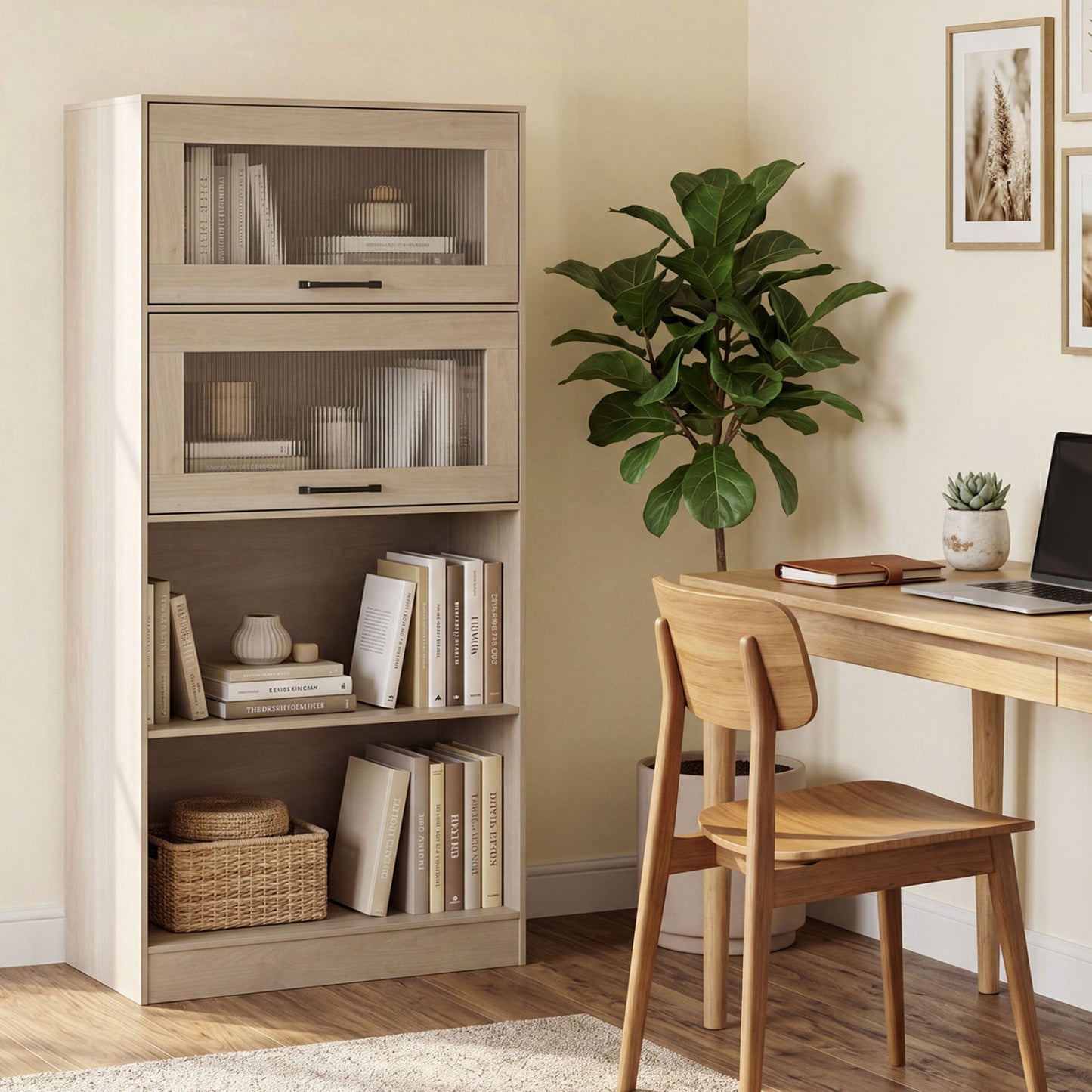4-Tier Bookshelf with Storage Cabinets and Open Compartments, Natural Bookcases at Gallery Canada