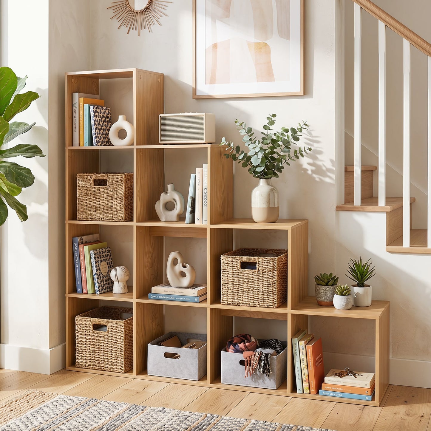 Bibliothèque à 4 étagères, avec kits anti-basculement, Naturel