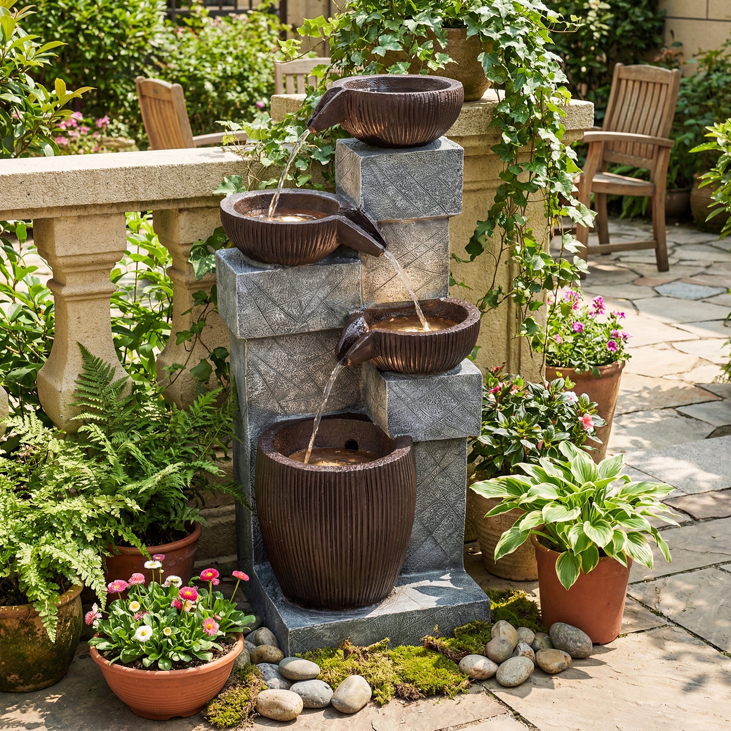 4-Tier Cascading Bowl Outdoor Water Fountain With LED Lights Outdoor Decor at Gallery Canada