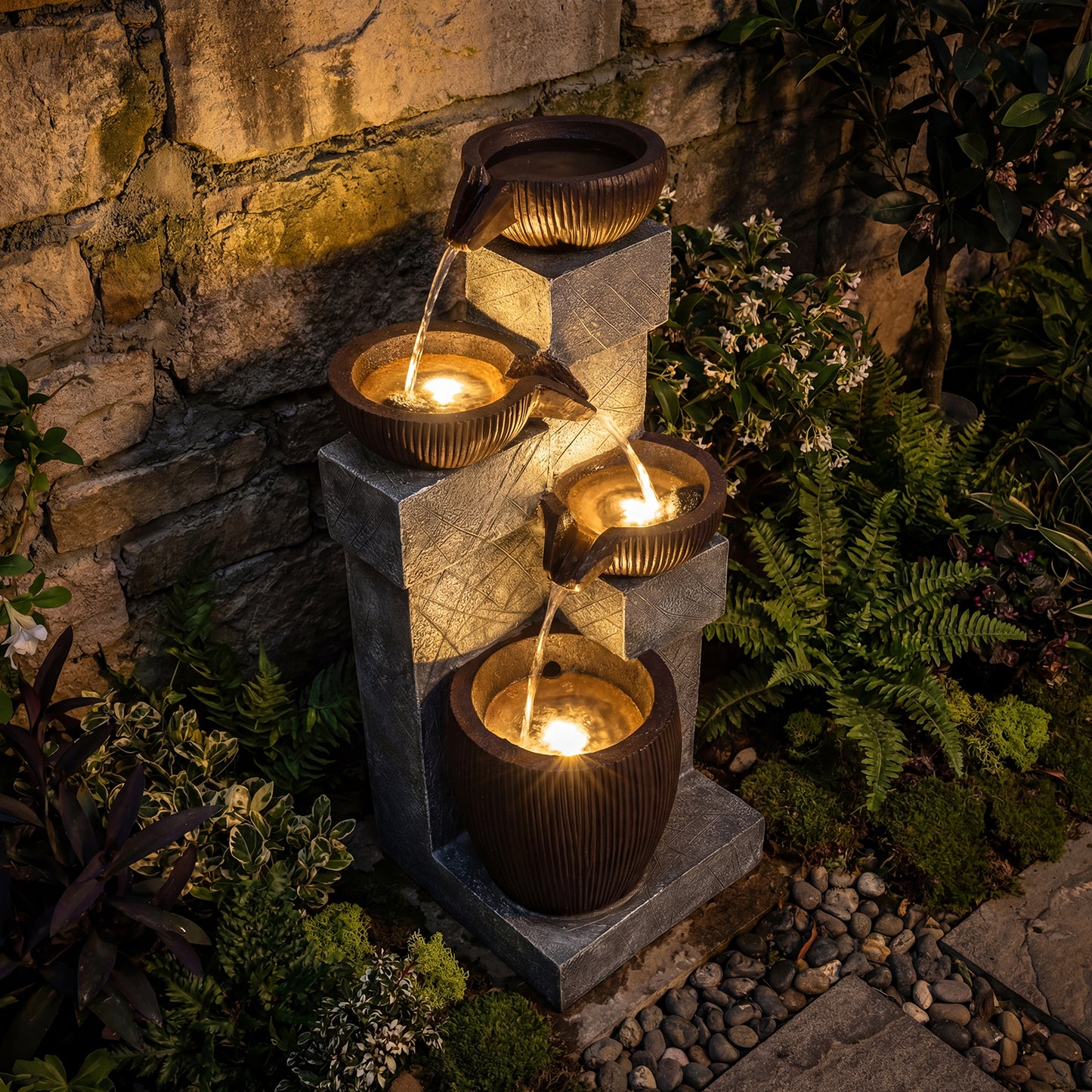 4-Tier Cascading Bowl Outdoor Water Fountain With LED Lights Outdoor Decor at Gallery Canada
