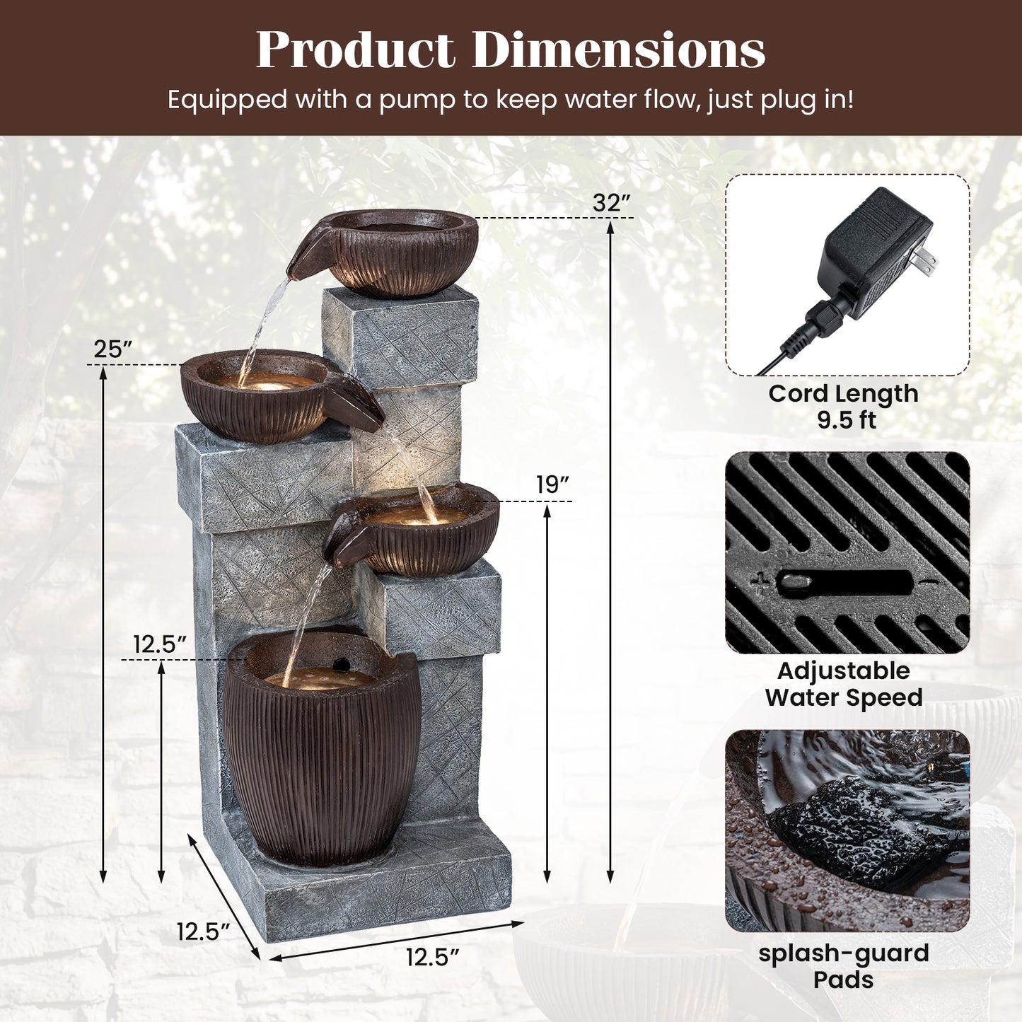 4-Tier Cascading Bowl Outdoor Water Fountain With LED Lights Outdoor Decor at Gallery Canada