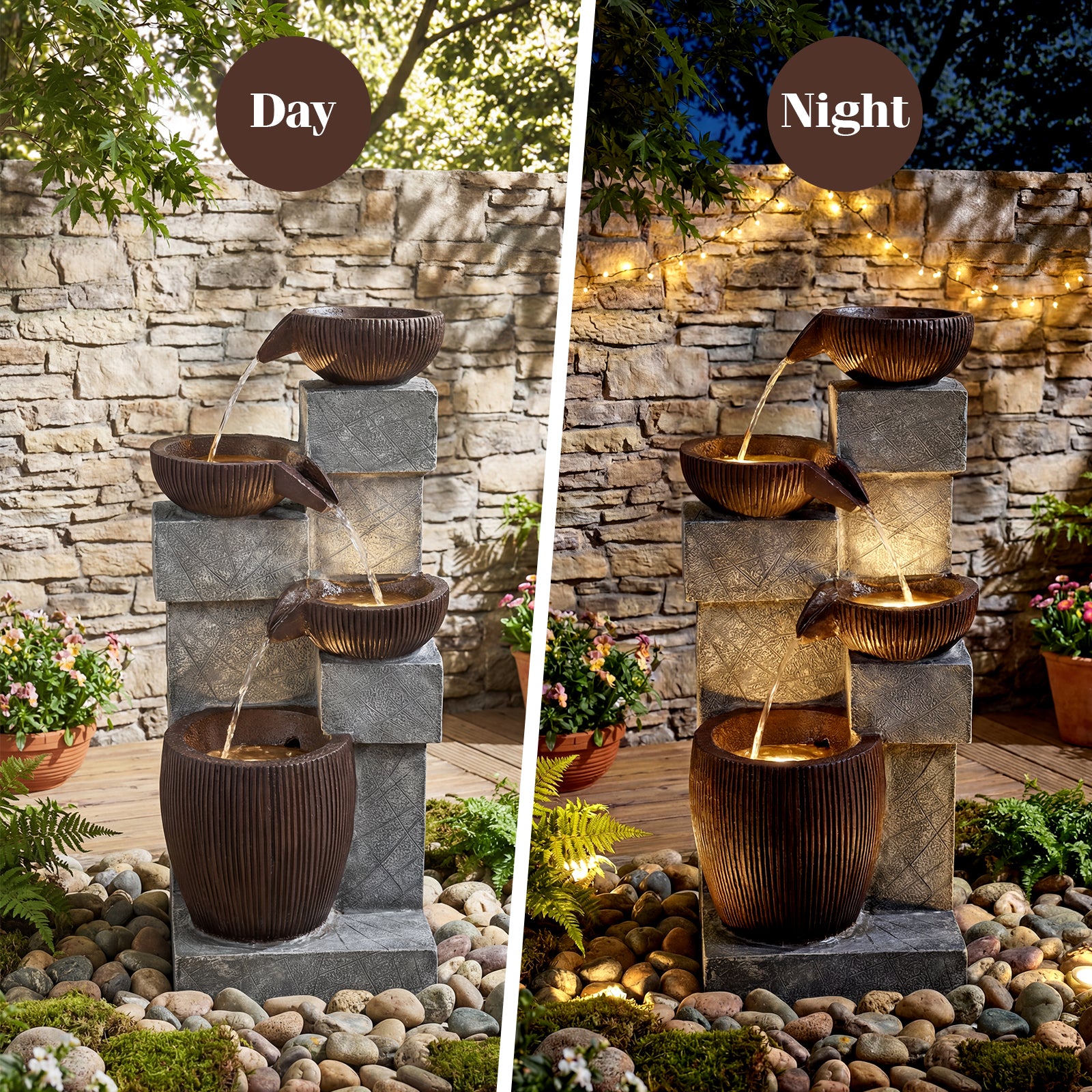 4-Tier Cascading Bowl Outdoor Water Fountain With LED Lights Outdoor Decor at Gallery Canada