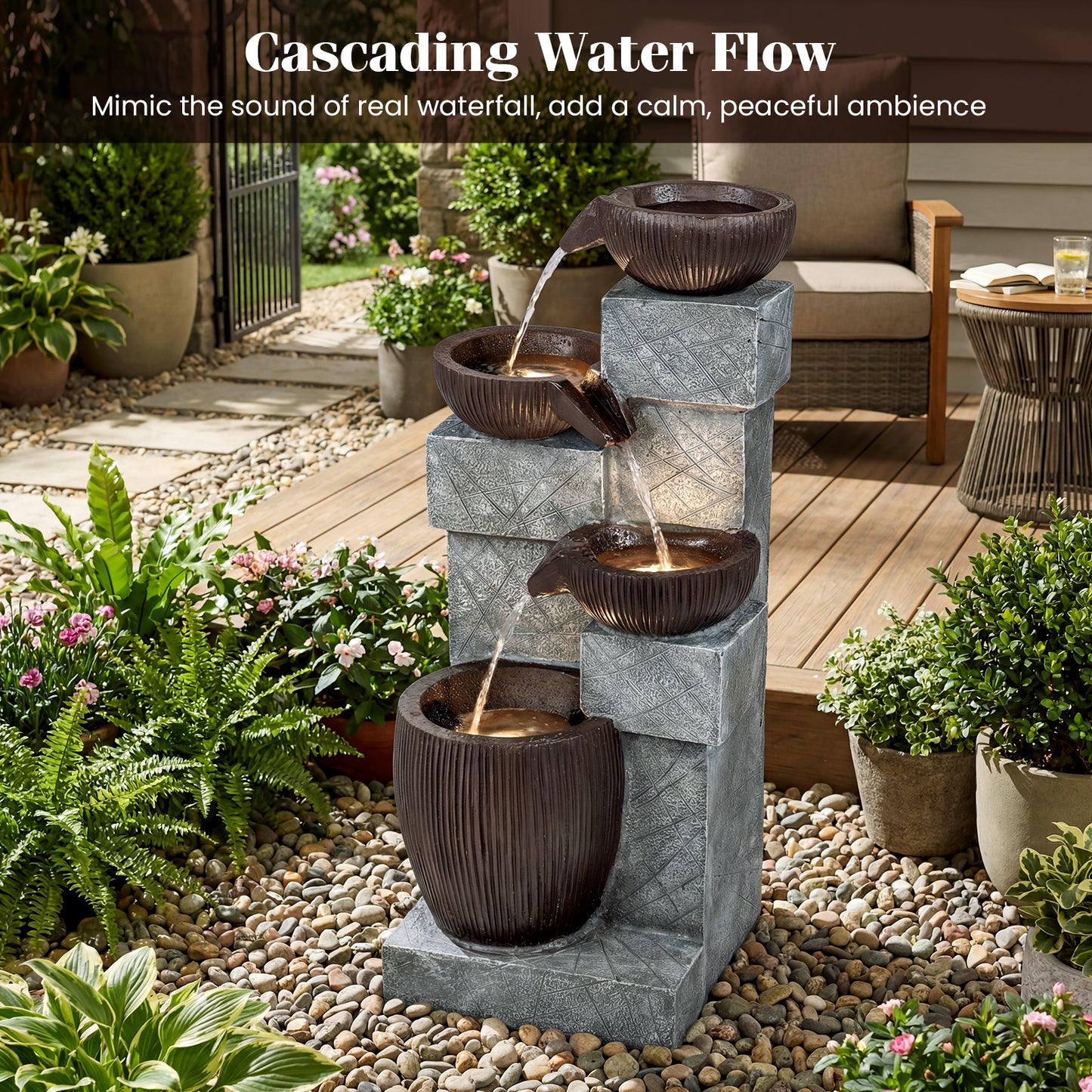 4-Tier Cascading Bowl Outdoor Water Fountain With LED Lights Outdoor Decor at Gallery Canada