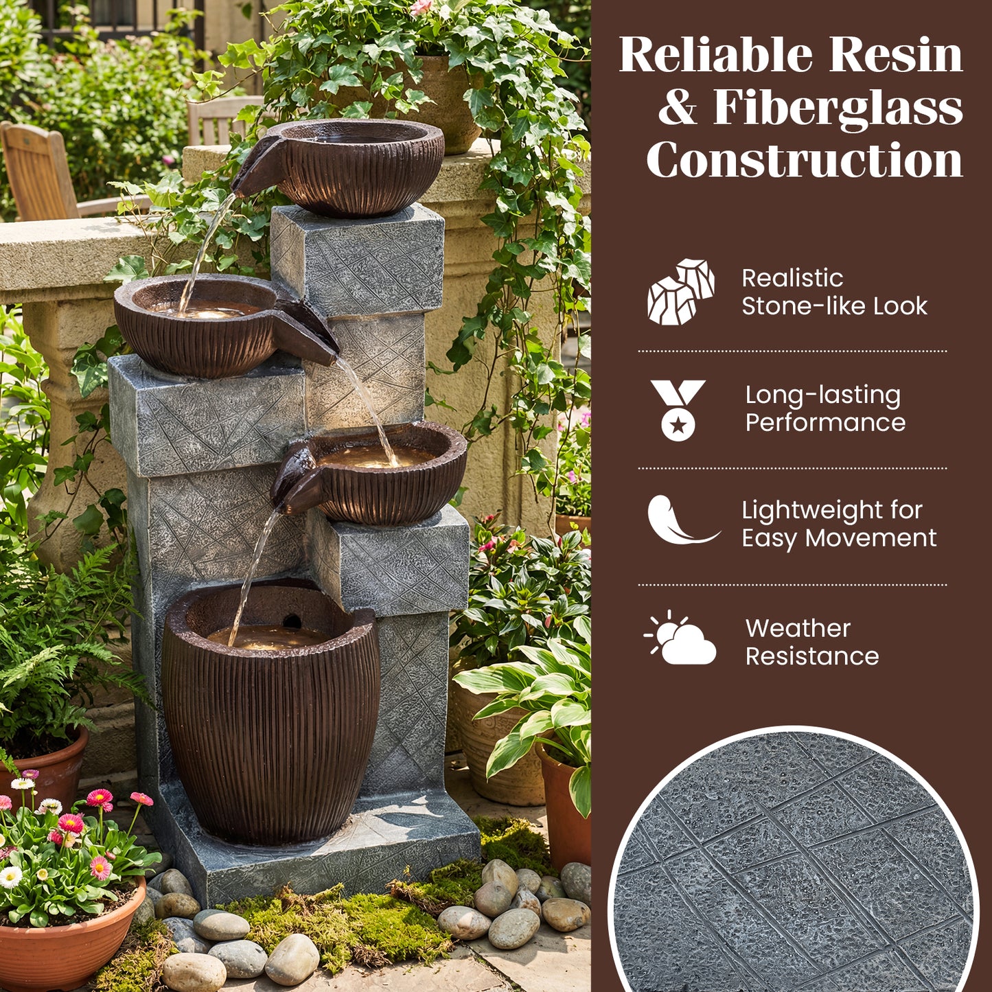 4-Tier Cascading Bowl Outdoor Water Fountain With LED Lights Outdoor Decor at Gallery Canada
