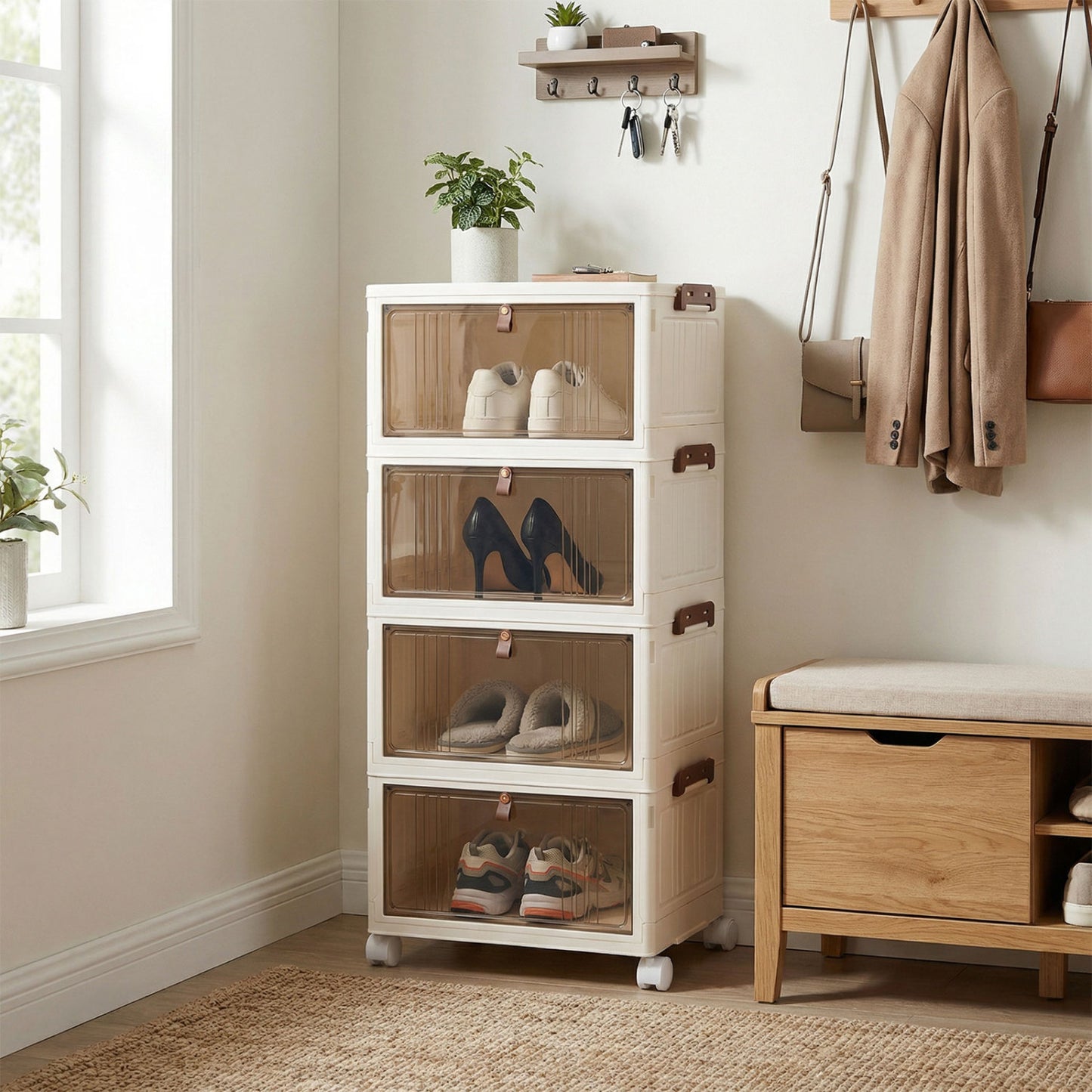 4-Tier Collapsible Shoe Box, Lid Doors, Lockable Wheels, White Shoe Racks & Storage Benches at Gallery Canada