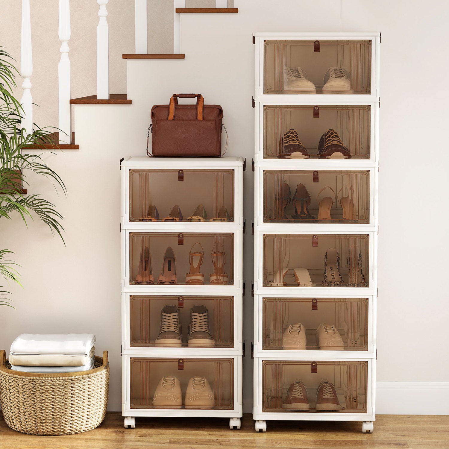 4-Tier Collapsible Shoe Box, Lid Doors, Lockable Wheels, White Shoe Racks & Storage Benches at Gallery Canada