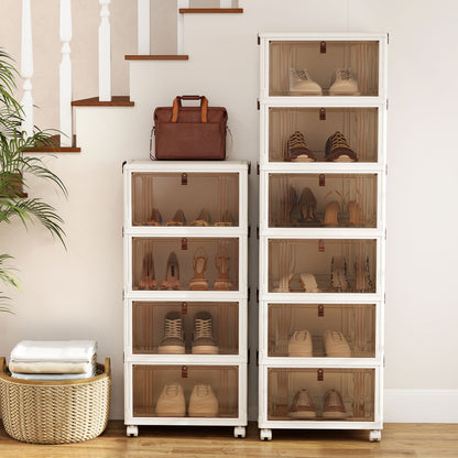4-Tier Collapsible Shoe Box, Lid Doors, Lockable Wheels, White Shoe Racks & Storage Benches at Gallery Canada