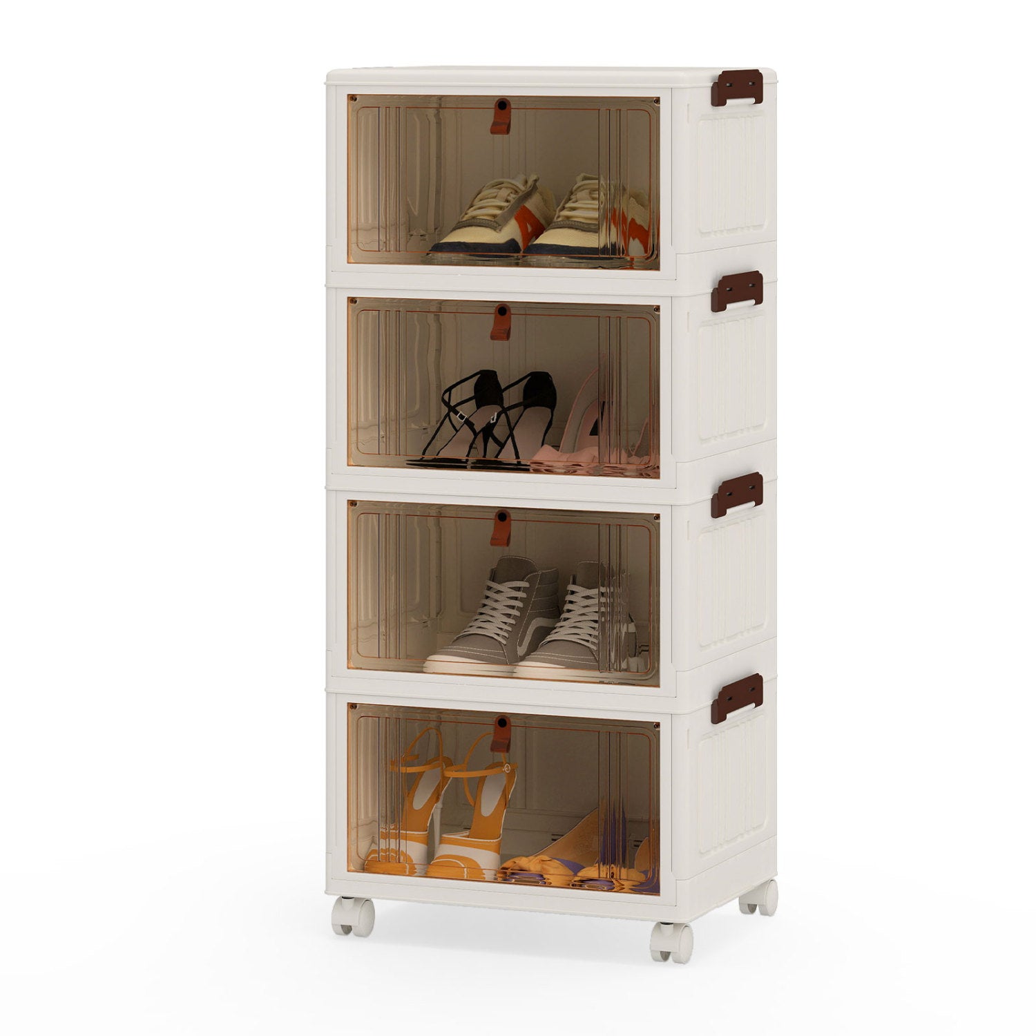 4-Tier Collapsible Shoe Box, Lid Doors, Lockable Wheels, White