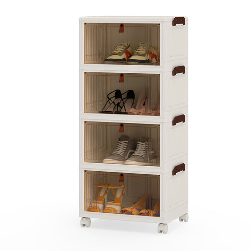 4-Tier Collapsible Shoe Box, Lid Doors, Lockable Wheels, White