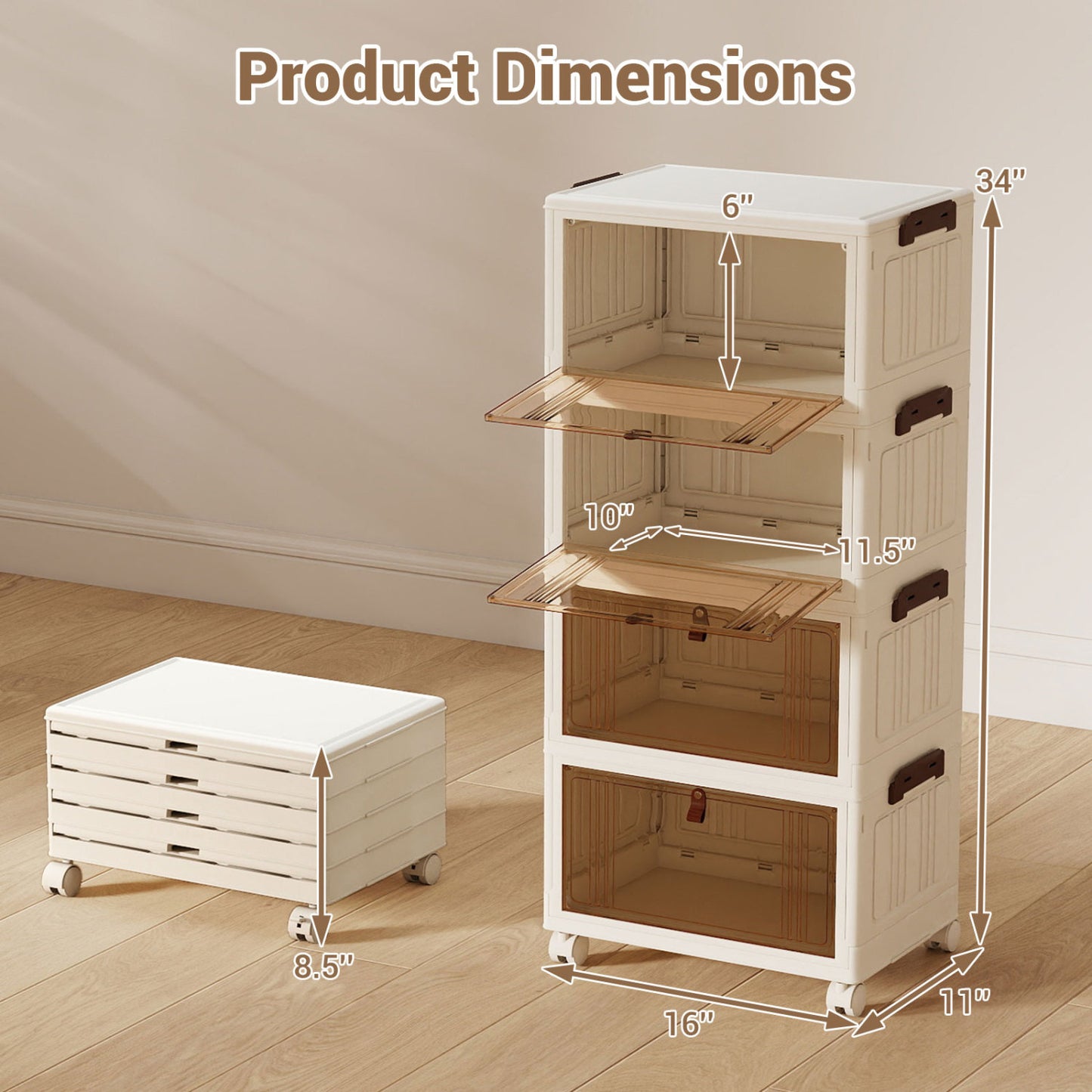 4-Tier Collapsible Shoe Box, Lid Doors, Lockable Wheels, White Shoe Racks & Storage Benches at Gallery Canada