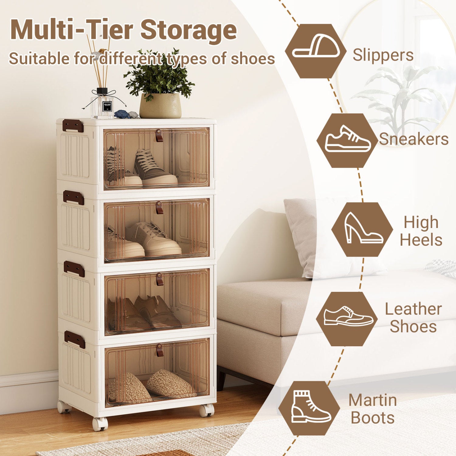4-Tier Collapsible Shoe Box, Lid Doors, Lockable Wheels, White Shoe Racks & Storage Benches at Gallery Canada
