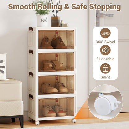 4-Tier Collapsible Shoe Box, Lid Doors, Lockable Wheels, White Shoe Racks & Storage Benches at Gallery Canada