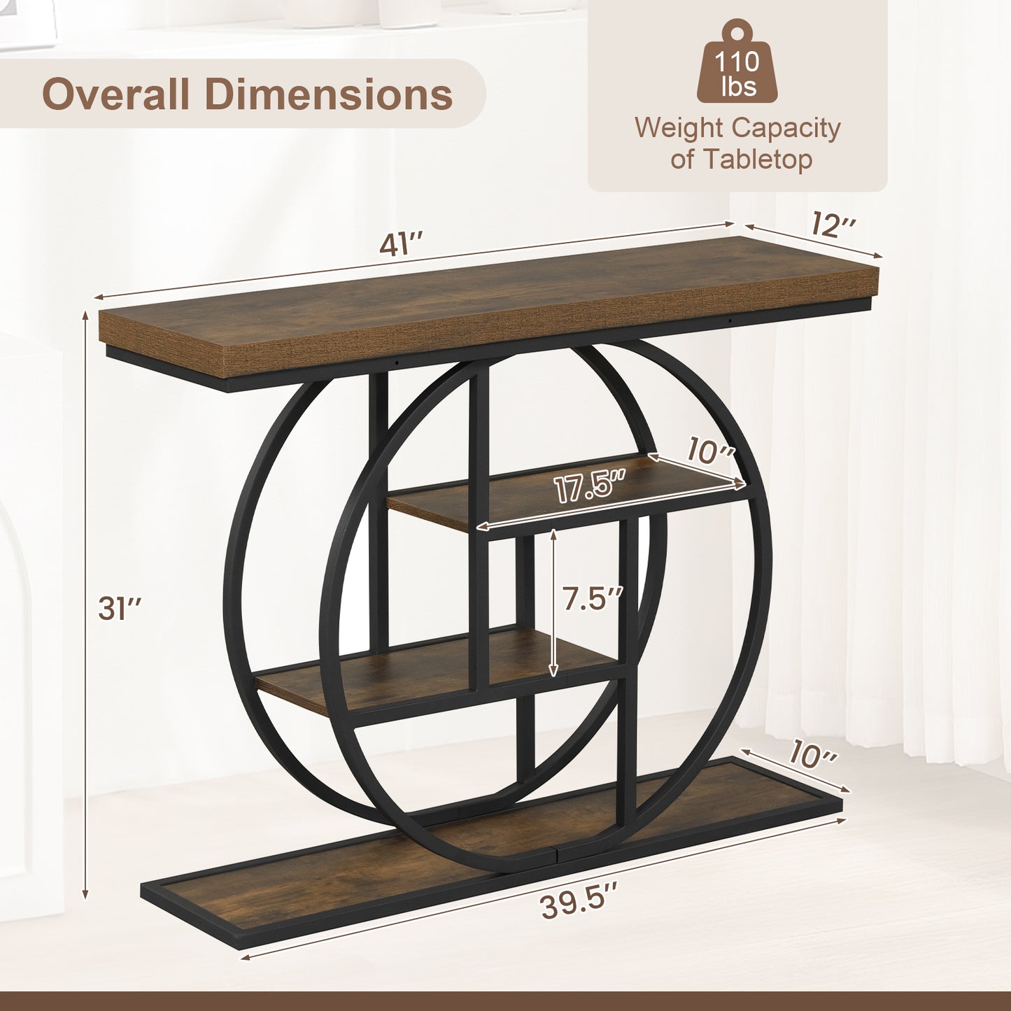 4-Tier Console Table, 41 Inches, Storage Shelves, Brown Console Tables at Gallery Canada
