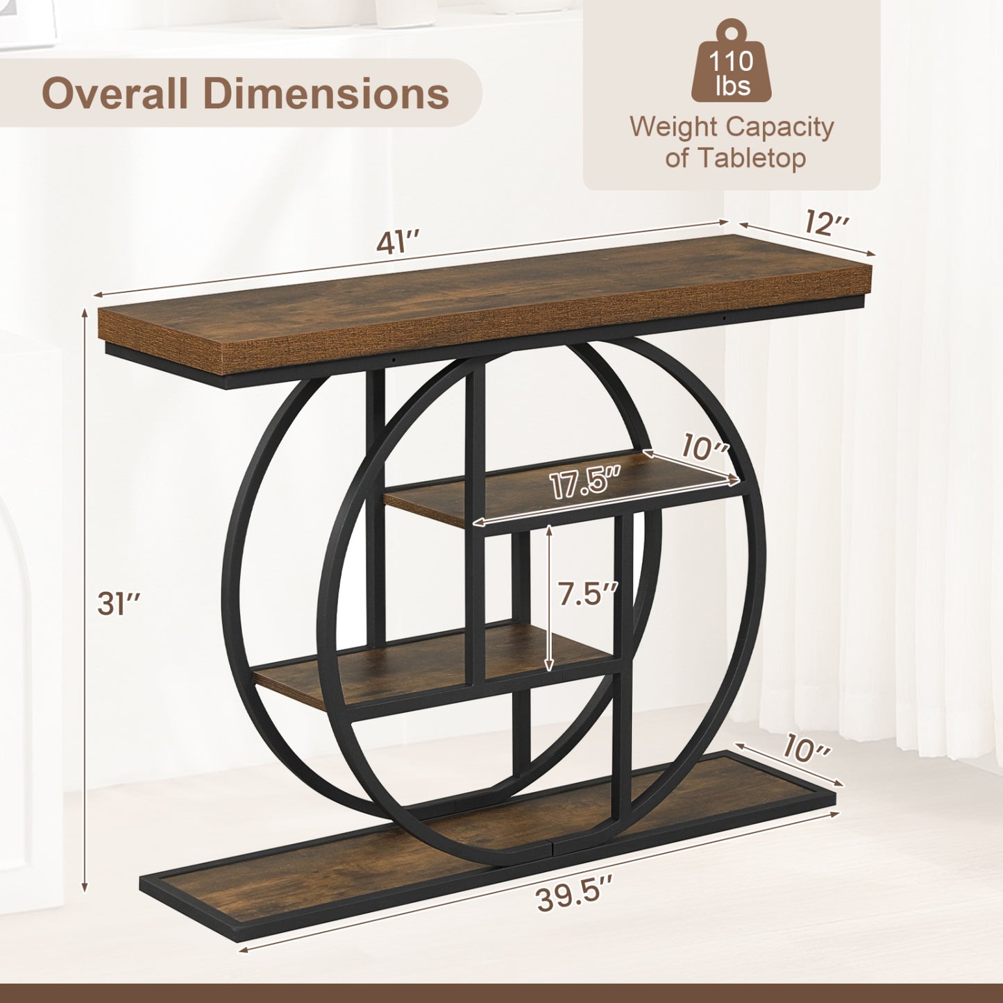 4-Tier Console Table, 41 Inches, Storage Shelves, Brown Console Tables at Gallery Canada
