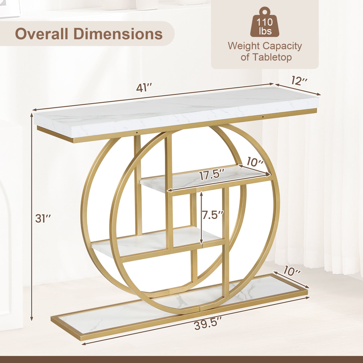 4-Tier Console Table, 41 Inches, Storage Shelves, White Console Tables at Gallery Canada