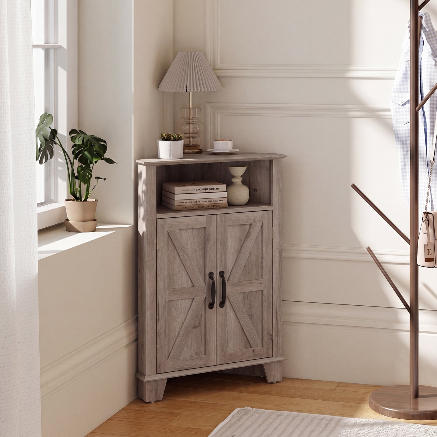 4-Tier Corner Cabinet With Open Shelf, Gray Cabinets & Chests at Gallery Canada