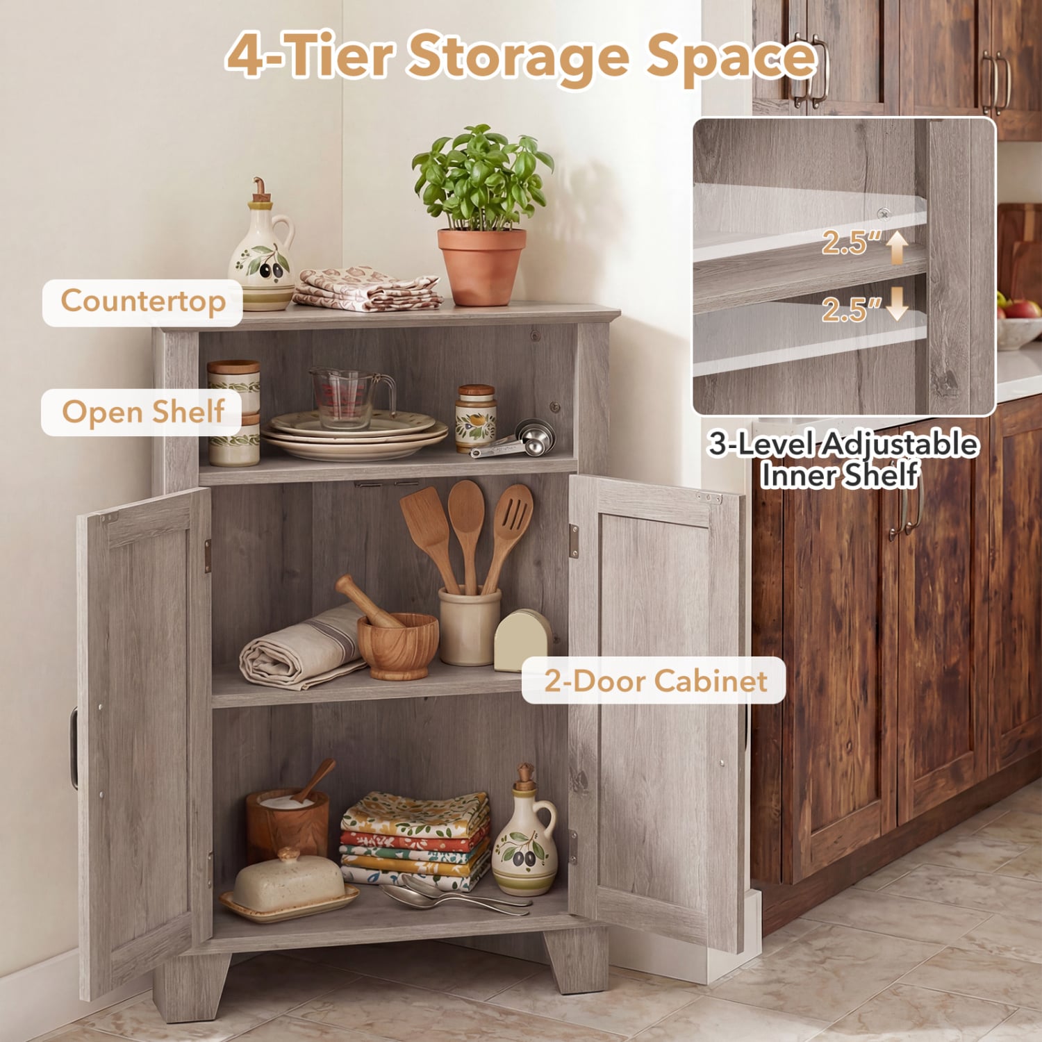 4-Tier Corner Cabinet With Open Shelf, Gray Cabinets & Chests at Gallery Canada
