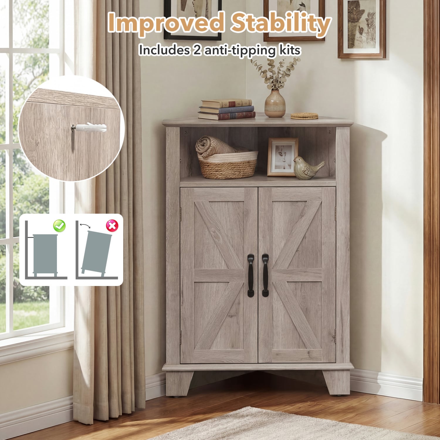 4-Tier Corner Cabinet With Open Shelf, Gray Cabinets & Chests at Gallery Canada