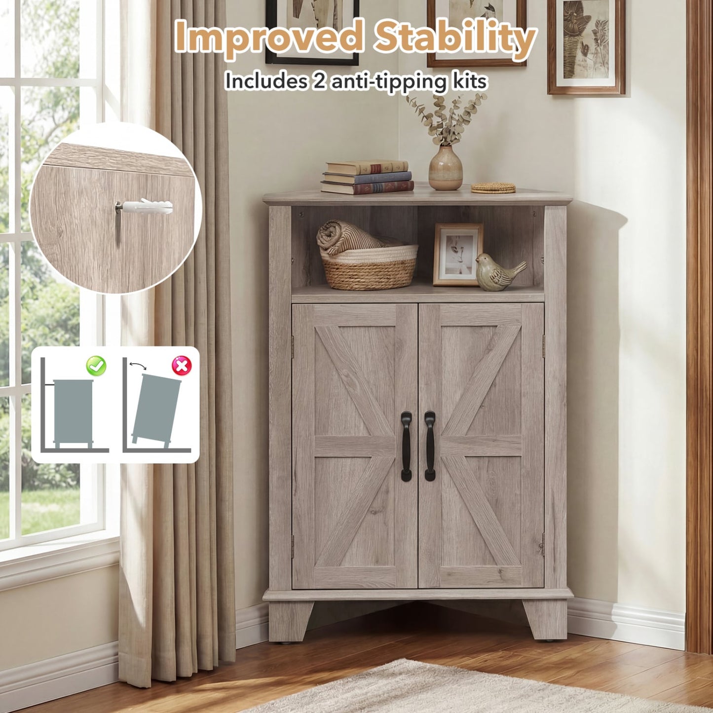 4-Tier Corner Cabinet With Open Shelf, Gray Cabinets & Chests at Gallery Canada