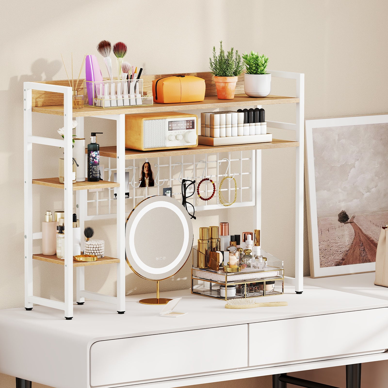 4-Tier Desk Shelf, Metal Grid Panel, 6 Hooks, Natural Bookcases at Gallery Canada