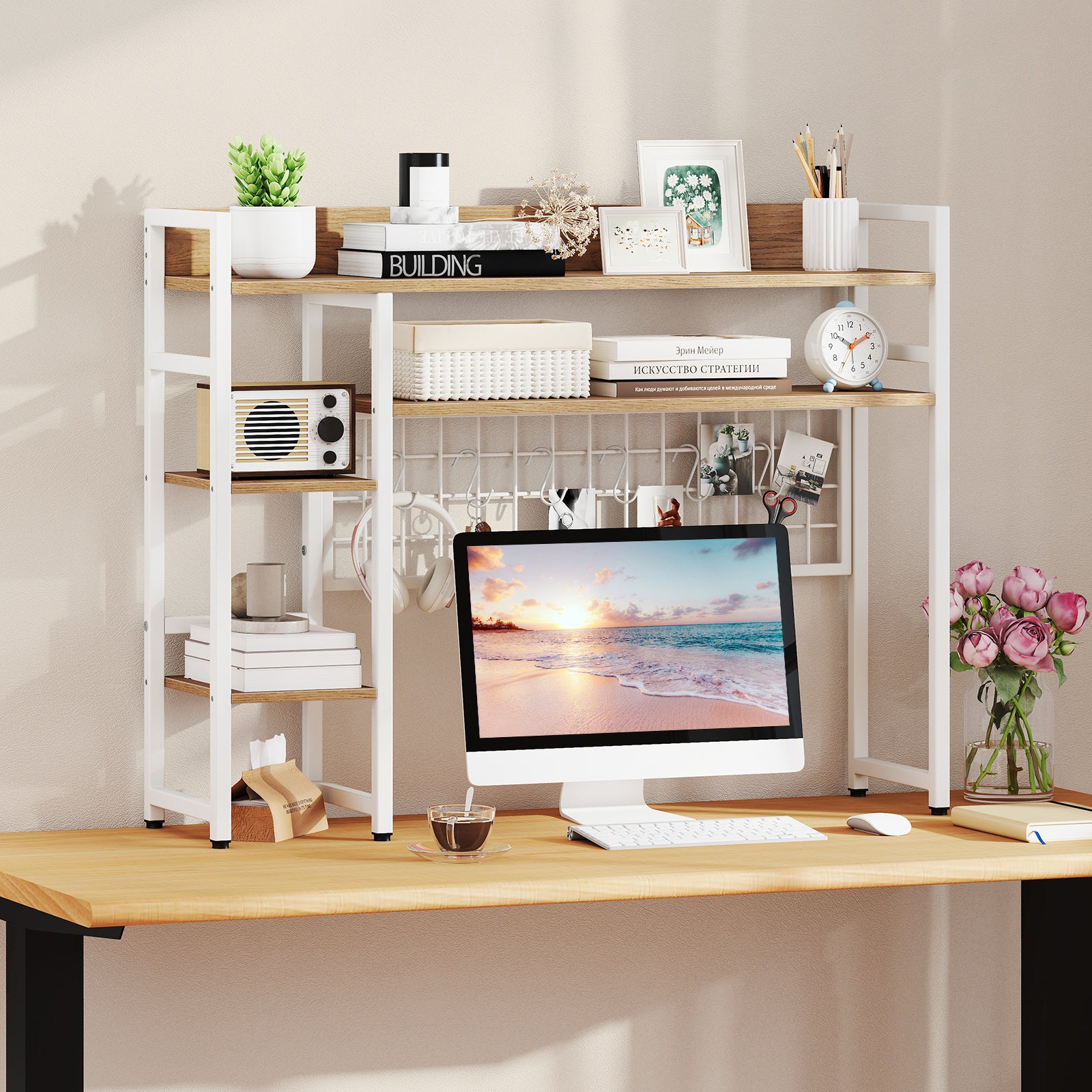 4-Tier Desk Shelf, Metal Grid Panel, 6 Hooks, Natural Bookcases at Gallery Canada