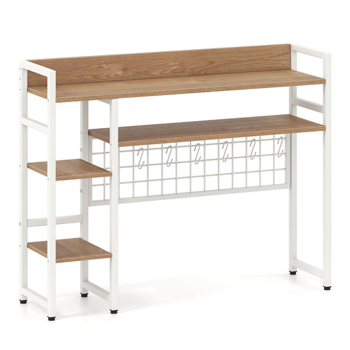 4-Tier Desk Shelf, Metal Grid Panel, 6 Hooks, Natural