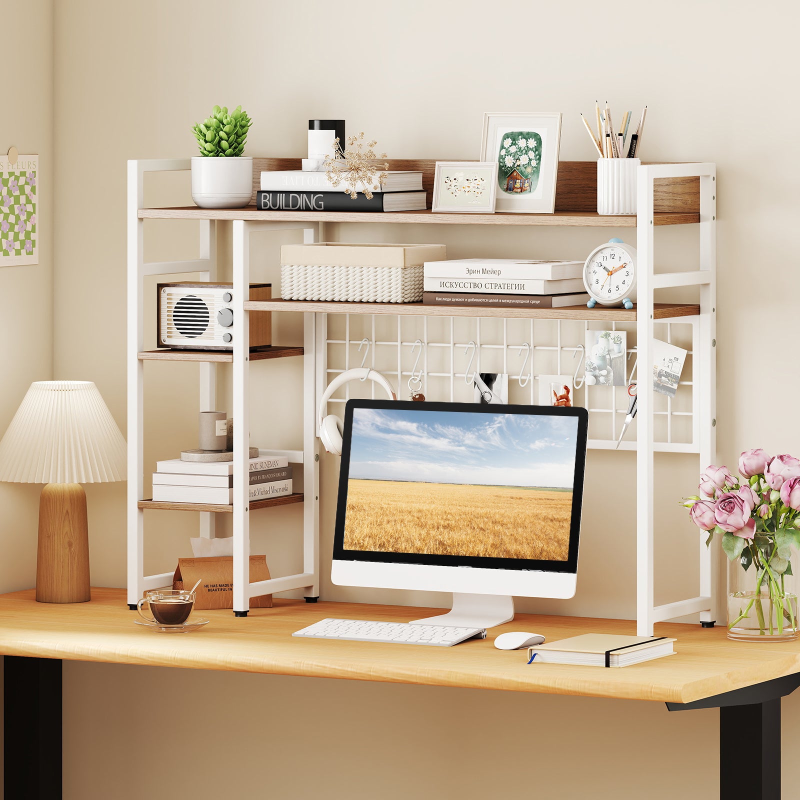 4-Tier Desk Shelf, Metal Grid Panel, 6 Hooks, Natural Bookcases at Gallery Canada