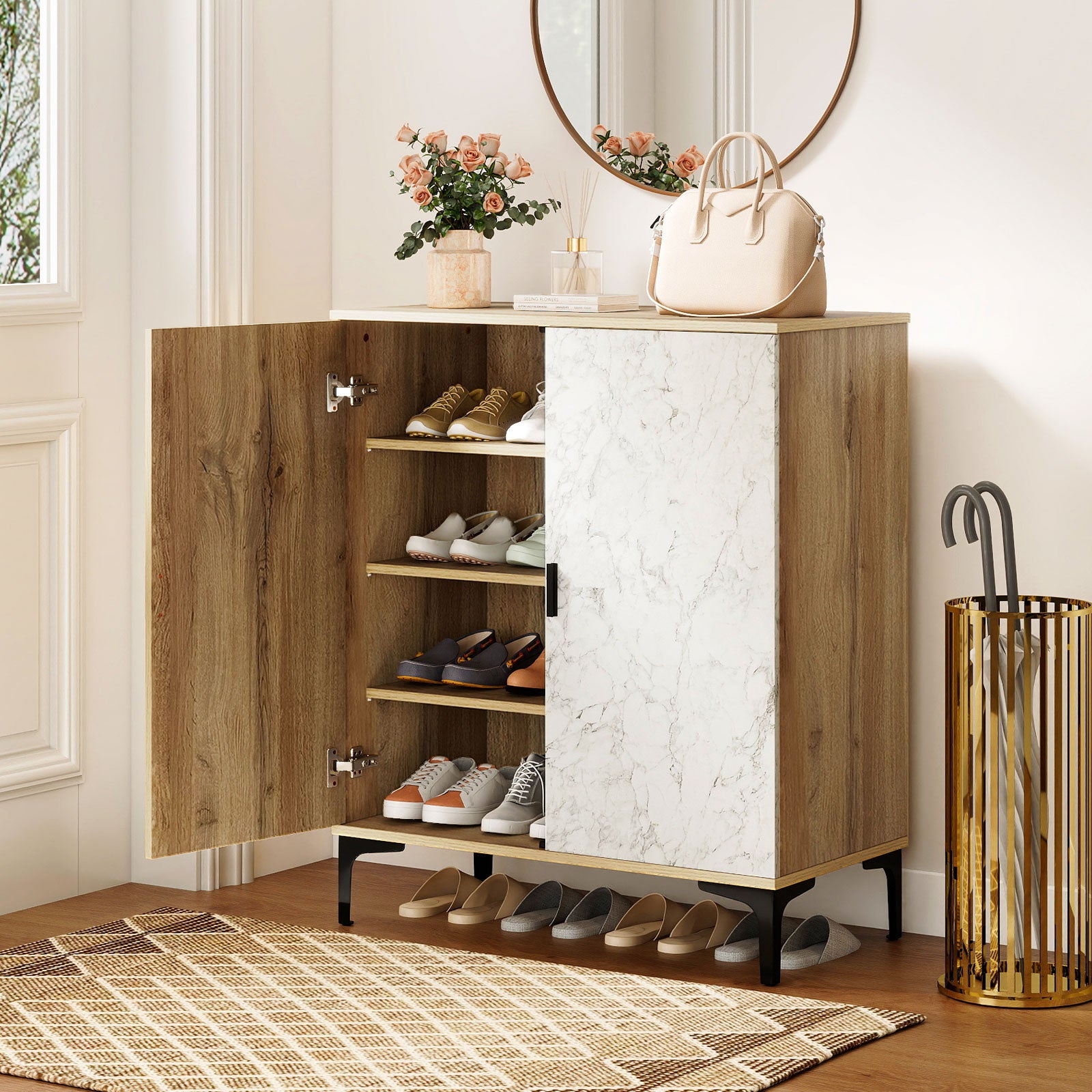 4 Tier Farmhouse Shoe Storage Cabinet with Removable Shelves and Metal Legs, Oak Shoe Racks & Storage Benches at Gallery Canada
