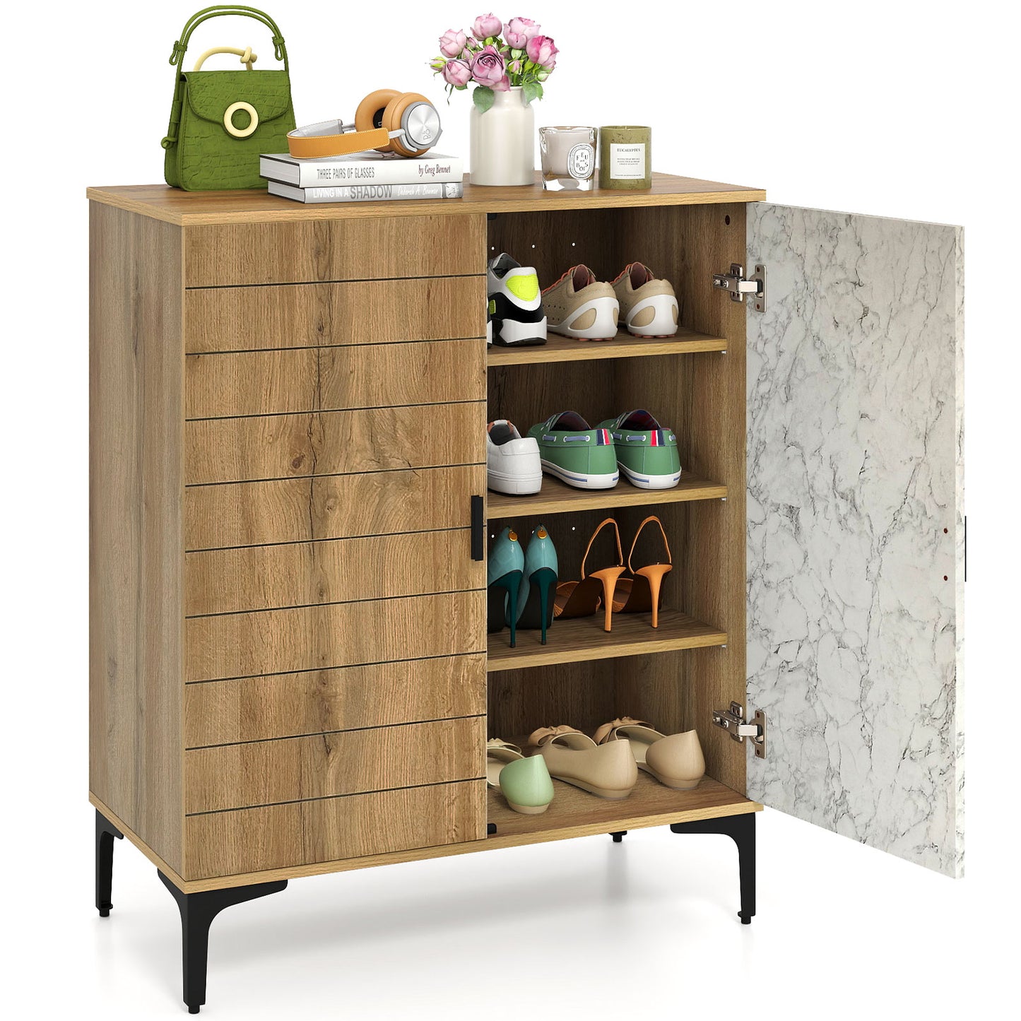 4 Tier Farmhouse Shoe Storage Cabinet with Removable Shelves and Metal Legs, Oak Shoe Racks & Storage Benches Oak at Gallery Canada