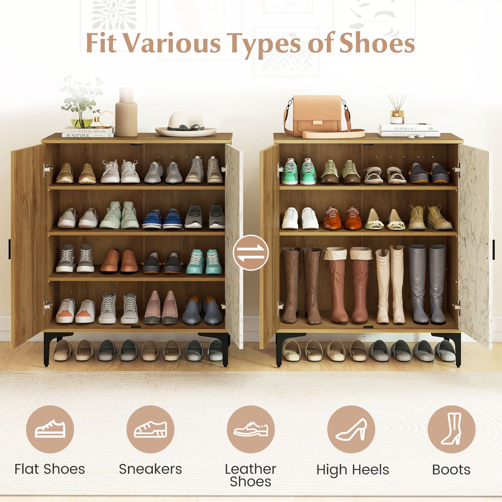 4 Tier Farmhouse Shoe Storage Cabinet with Removable Shelves and Metal Legs, Oak Shoe Racks & Storage Benches at Gallery Canada