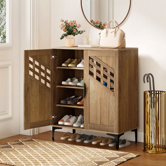 4 Tier Farmhouse Shoe Storage Cabinet with Removable Shelves and Metal Legs, Walnut Shoe Racks & Storage Benches Walnut at Gallery Canada