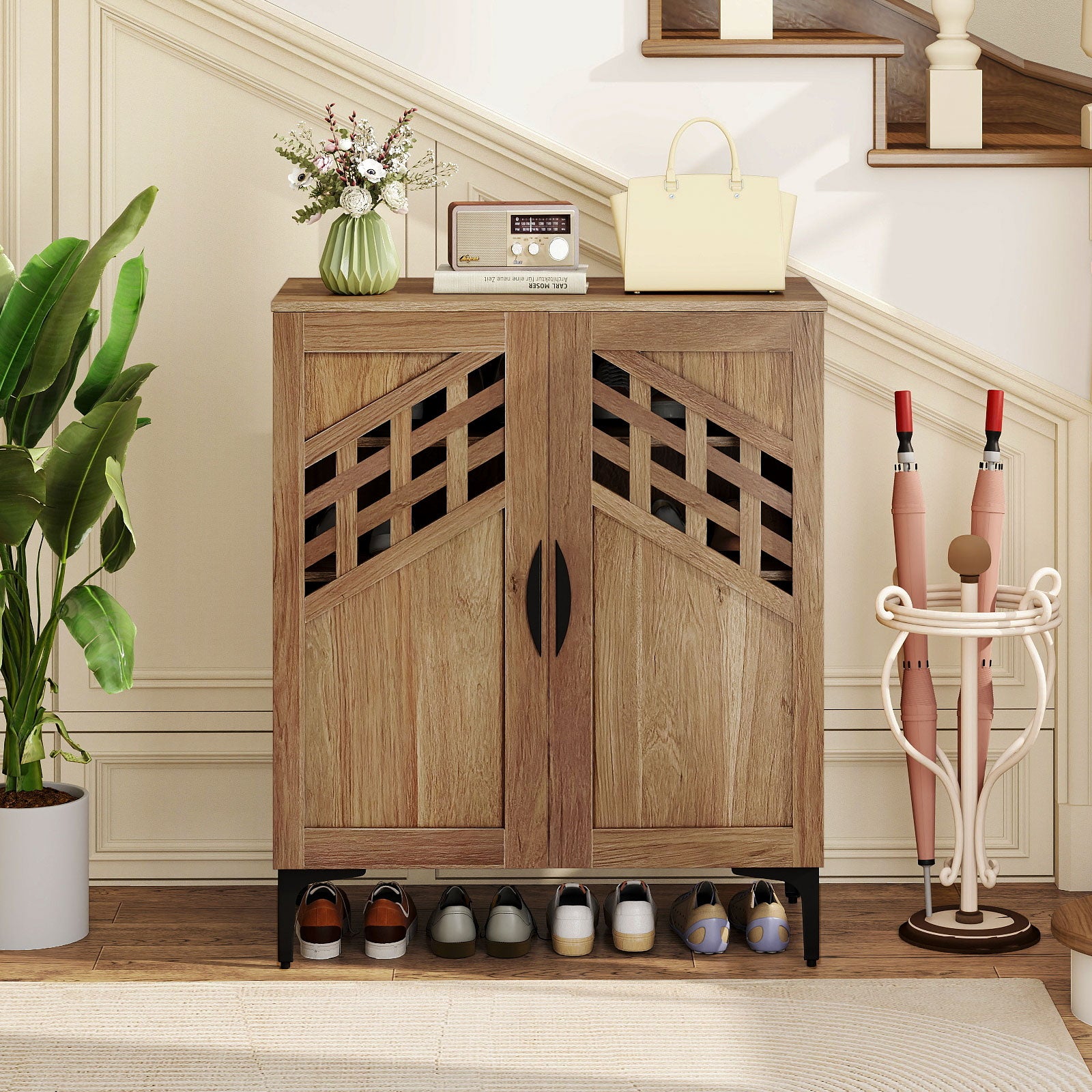 4 Tier Farmhouse Shoe Storage Cabinet with Removable Shelves and Metal Legs, Walnut Shoe Racks & Storage Benches at Gallery Canada