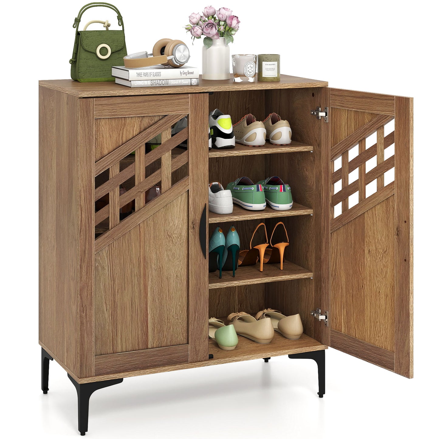 4 Tier Farmhouse Shoe Storage Cabinet with Removable Shelves and Metal Legs, Walnut Shoe Racks & Storage Benches Walnut at Gallery Canada