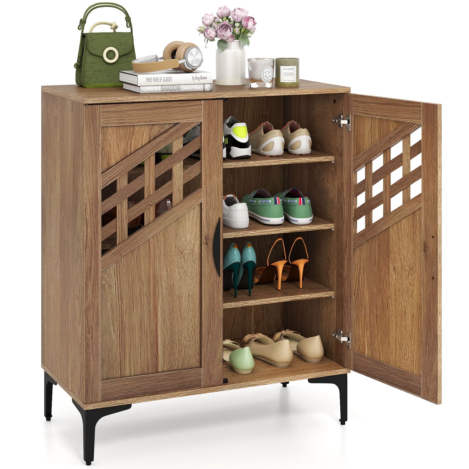 4 Tier Farmhouse Shoe Storage Cabinet with Removable Shelves and Metal Legs, Walnut Shoe Racks & Storage Benches Walnut at Gallery Canada