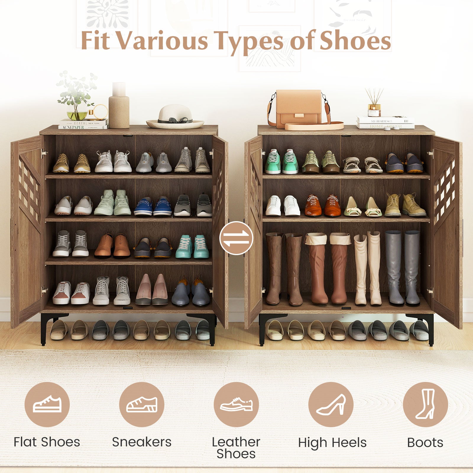 4 Tier Farmhouse Shoe Storage Cabinet with Removable Shelves and Metal Legs, Walnut Shoe Racks & Storage Benches at Gallery Canada