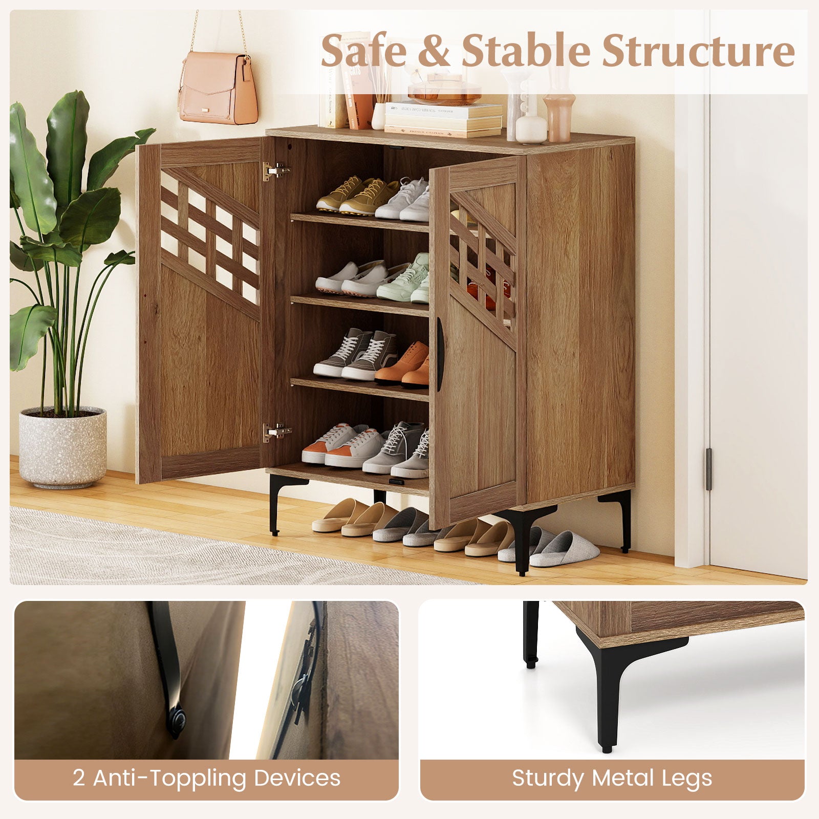 4 Tier Farmhouse Shoe Storage Cabinet with Removable Shelves and Metal Legs, Walnut Shoe Racks & Storage Benches at Gallery Canada