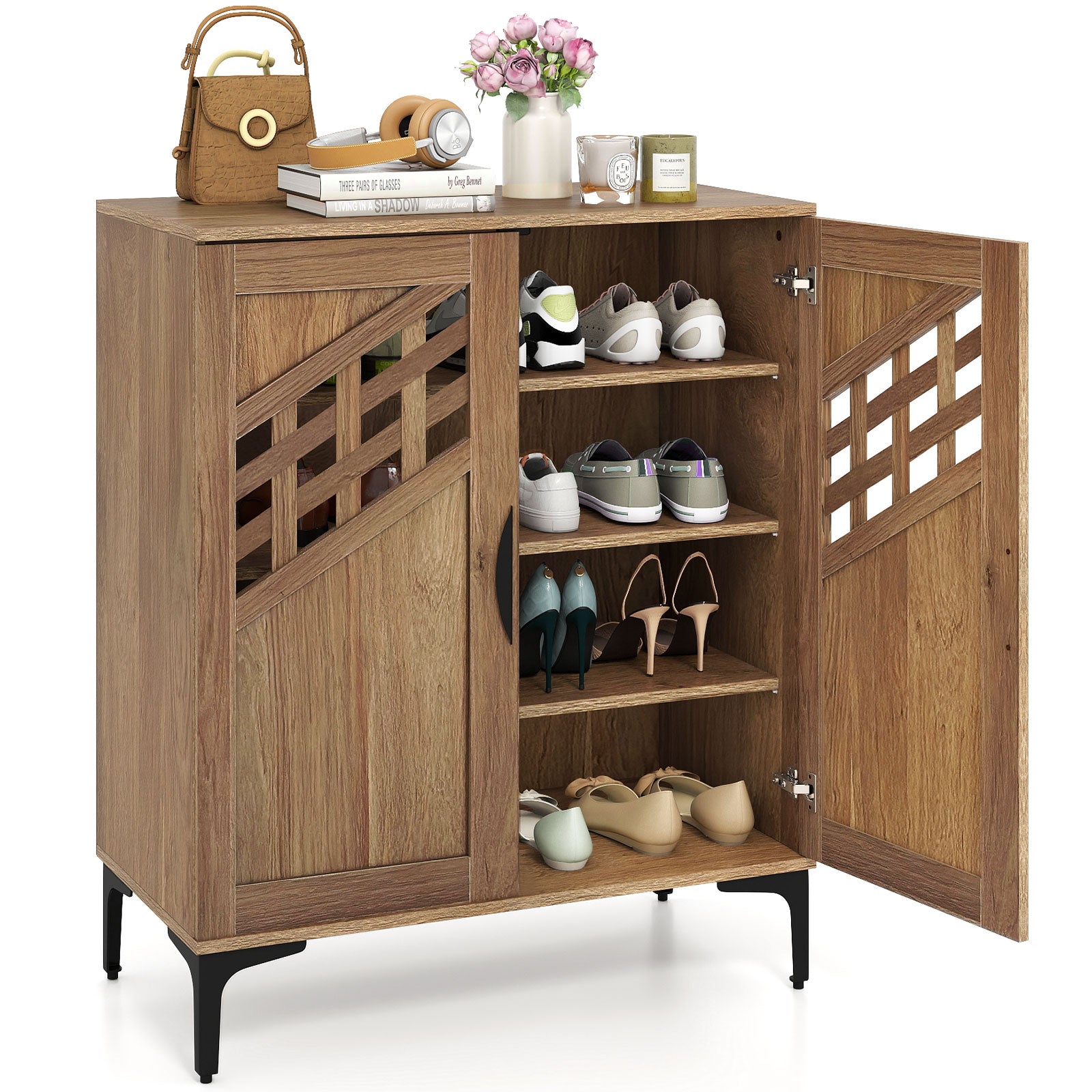 4 Tier Farmhouse Shoe Storage Cabinet with Removable Shelves and Metal Legs, Walnut Shoe Racks & Storage Benches at Gallery Canada