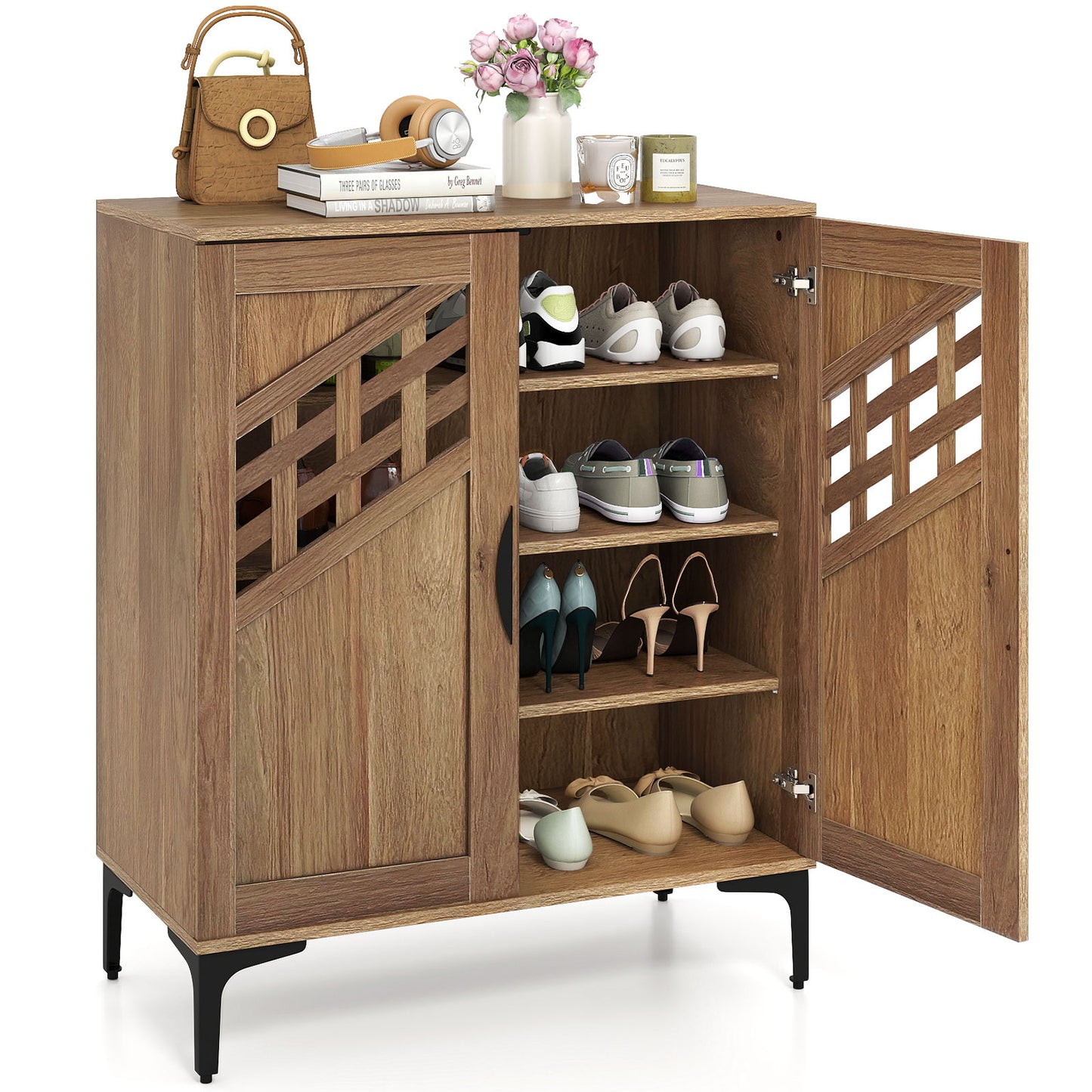4 Tier Farmhouse Shoe Storage Cabinet with Removable Shelves and Metal Legs, Walnut Shoe Racks & Storage Benches Walnut at Gallery Canada